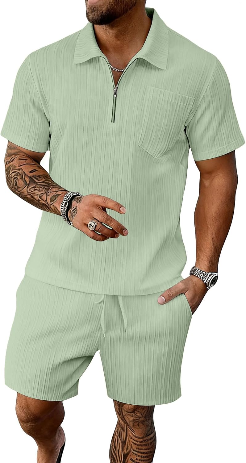 Bealin Men's Summer Beach Outfits 2 Piece Vintage Short Sleeve Henley Shirts and Shorts Vacation Texture Sets