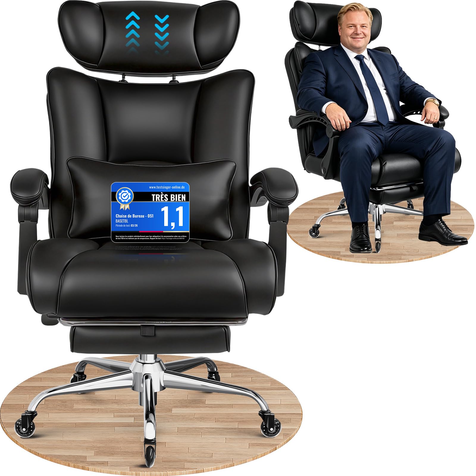 BASETBL Fauteuil Bureau 200kg, Chaise Bureau Ergonomique Confortable, Coussin de Siège en Ressort, Tête Reposable Ajustable, Repose-Jambes Multifonction, roulettes en Caoutchouc silencieuses, EN12520