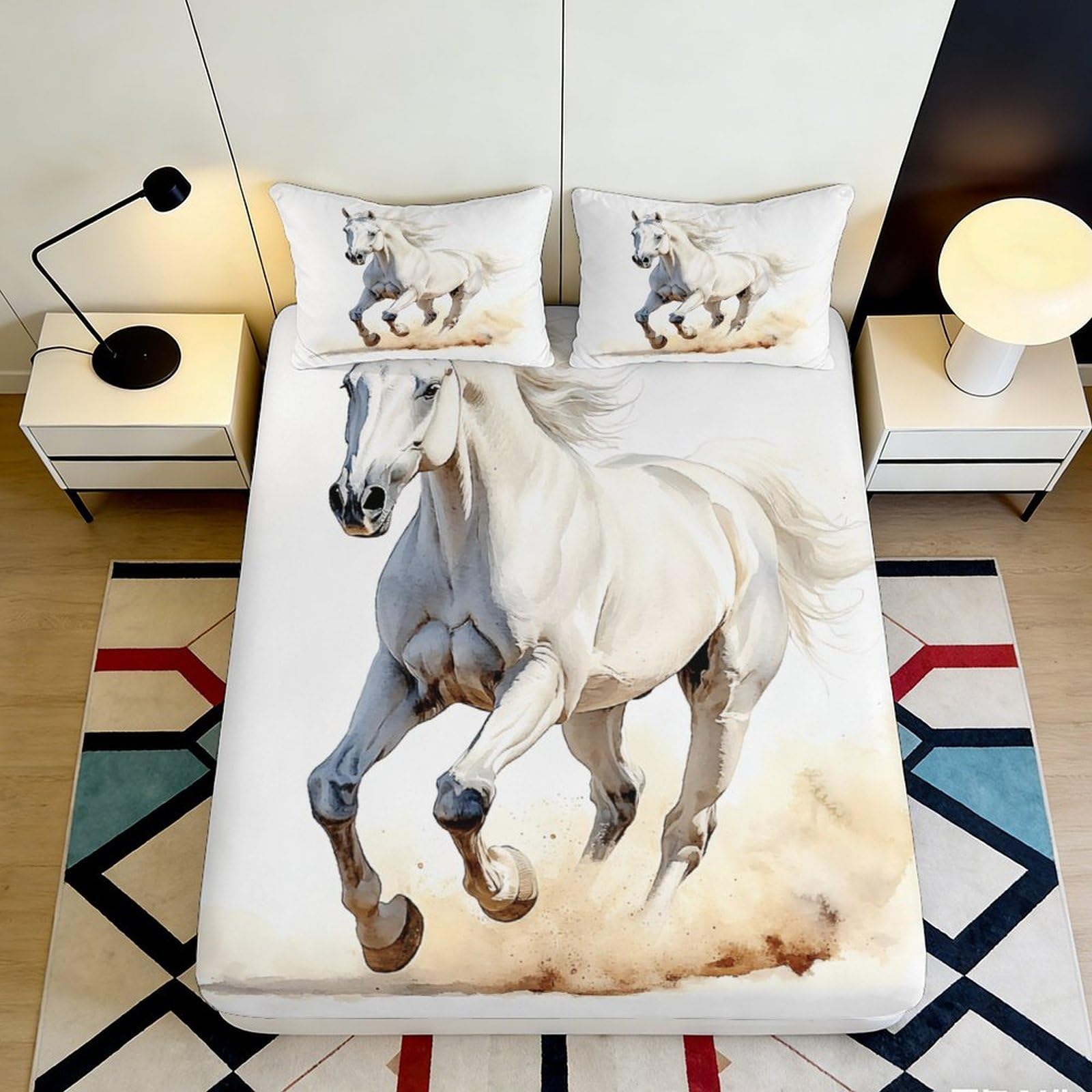 Jqzkxnhpbr Style-9 3D Printed White Running Horse Fitted Sheet Microfiber Soft Breathable Desert Bed Sheet For Bedroom Guest Room Decor 90X200x25cm