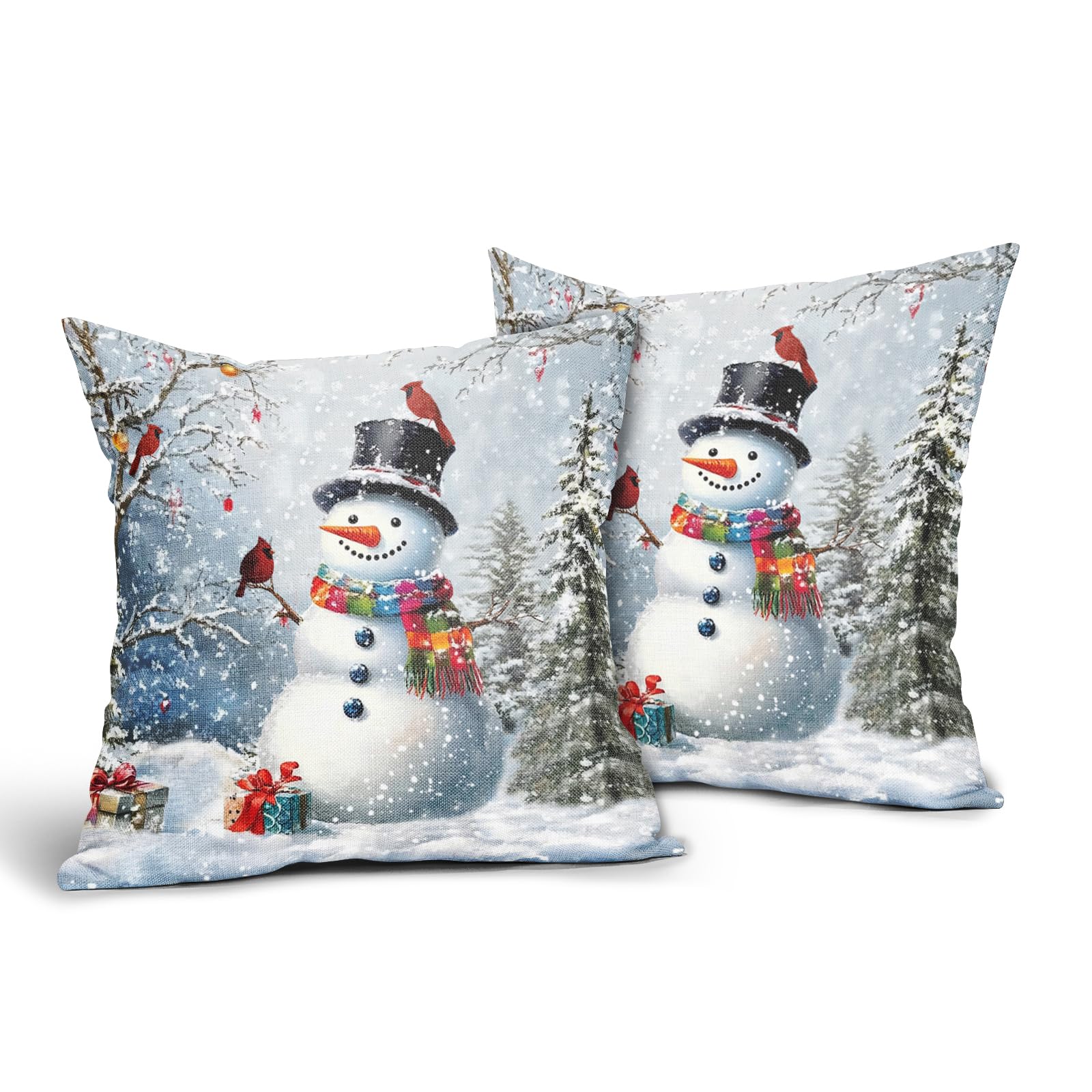 Evlaschin Snowman Pillow Covers Set of 2 Winter Snowflakes Birds Christmas Decorative Throw Couch Pillowcases Cotton Linen Double Sided 24x24 Inches