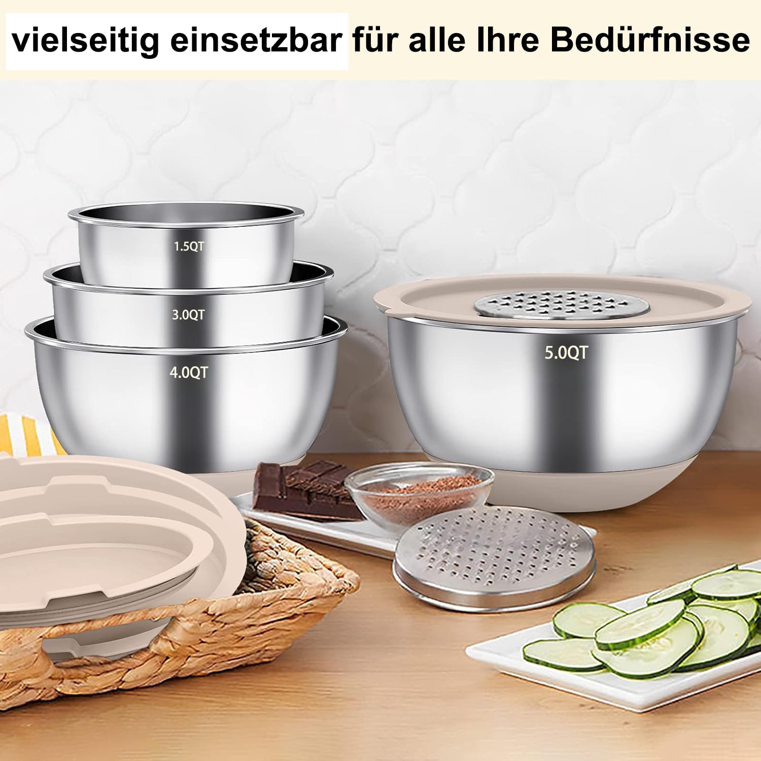 Terlulu Rührschüssel 6er Set, Edelstahl Schüssel Salatschüssel Set mit Deckel & Silikonboden, 3 Reibenaufsätzen, 4.7l/3.8l/2.8l/1.9l/1.4l/0.6l, Rutschfest & Stapelbar - Khaki