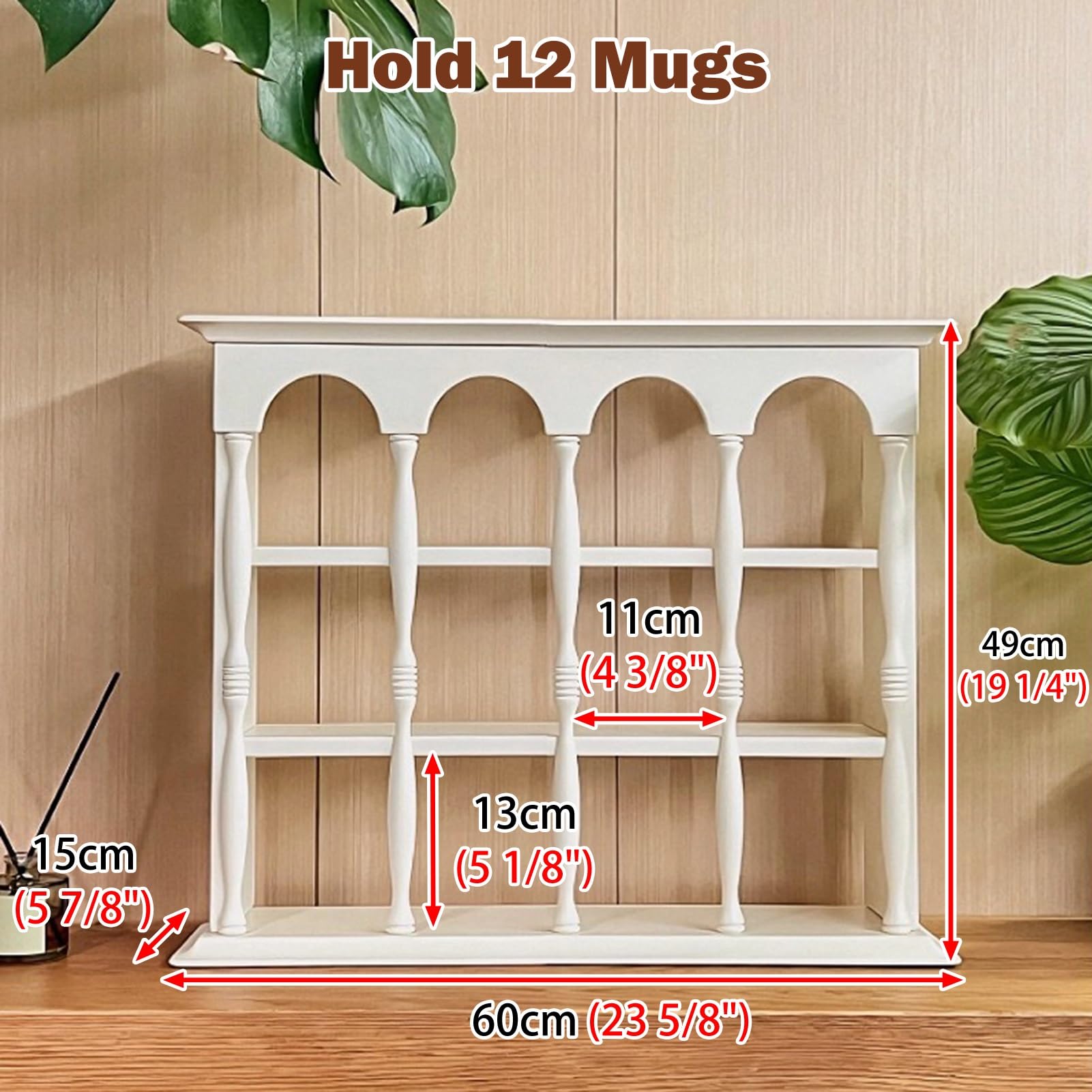 Tassenregal aus Holz – 12 Fächer, Wandmontage, Kaffeetassenhalter und Schnapsglas-Display für Heimdekoration und Küchenorganisation, elegantes weißes Finish