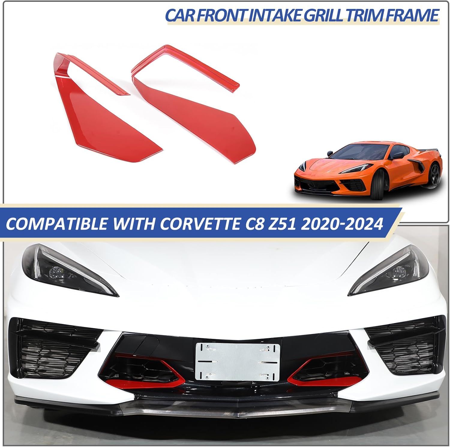 Daeiclru Front Bumper Grille Grill Cover Compatible with Corvette C8 Z51 2020-2025, Front Side Air Intake Vent Grille Cover Frame, Center Grill Lower Air lntake Trim Accessories (Red)