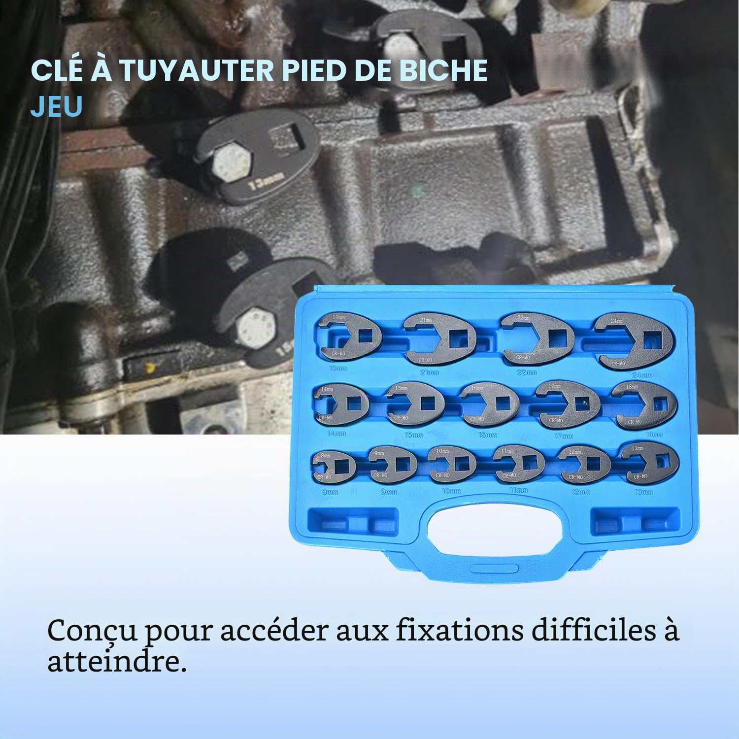 Ensemble de Clés à Pied de Biche (Crowfoot) 8-24 mm Kit de Douilles Ouvertes en Cr-Mo, pour Espaces Restreints, Auto et Moto, 3/8" et 1/2"