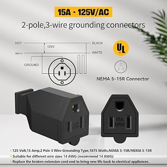NEMA 5-15P Replacement Plug 3-Prong, 125V 15A Female Electrical Plug Connector, 3-Pack Heavy Duty Grounded Generator Plug for Extension Cords, Appliances & Power Tools