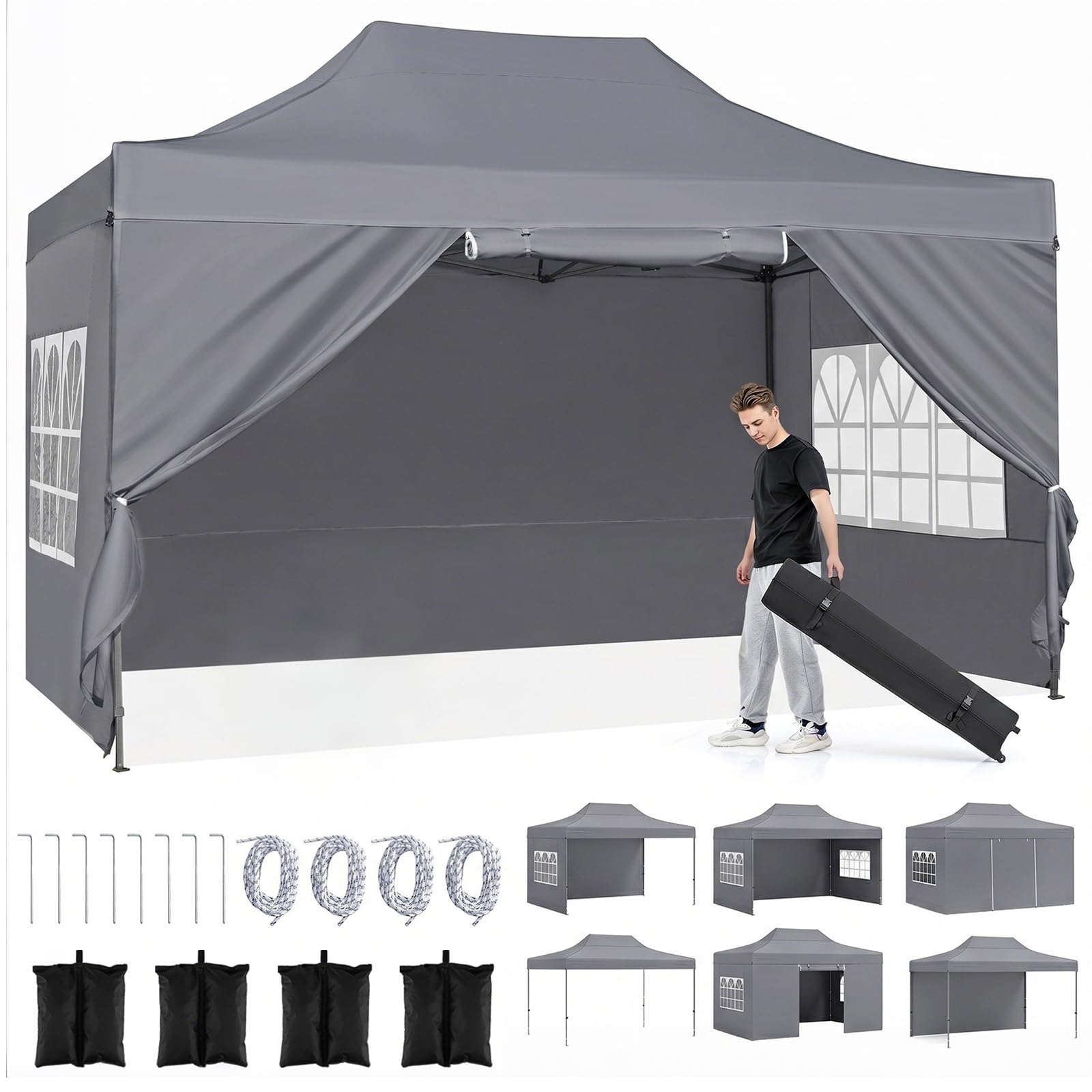 RELAX4LIFE Tonnelle Pliante avec 4 Parois Amovibles, 3x4,3M Barnum Pliant avec Porte Zippée Enroulable, Cadre en Acier au Carbone, Sac à Roulettes, Gazebo Tente de Réception pour Marché Événement,Gris