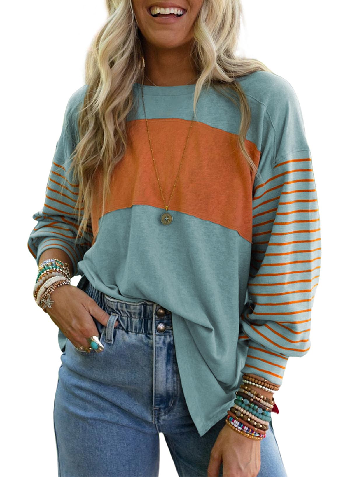 onlypuff Womens Long Sleeve Shirts Fall Tops Color Block Striped T Shirts Tunic Tops Oversized Crew Neck Tees