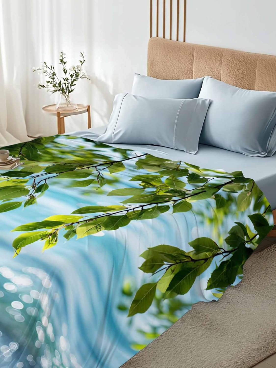 Top Sheet Full Bedding Flat Sheet Only, Summer Lake Tree Branch Leaves Microfiber Bed Sheets Soft Breathable Bedding Flat Sheets, Natural Scenery Foliage Hotel Luxury Top Sheets
