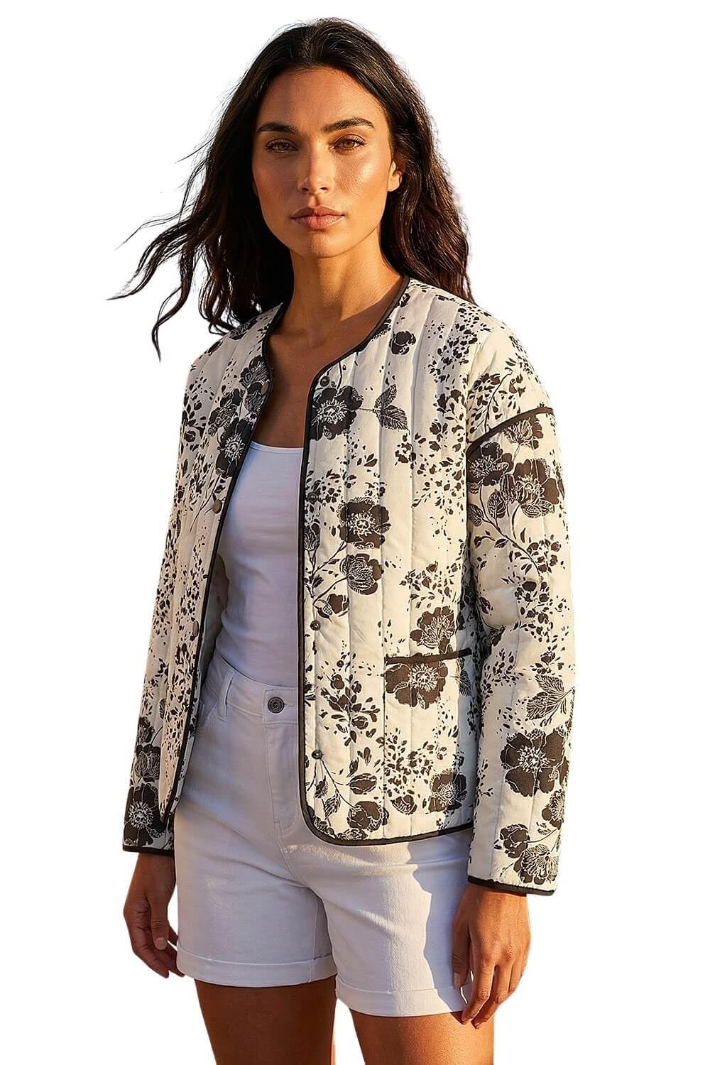 Roman Originals Floral Print Lining Cotton Quilted Jacket for Women UK - Ladies Everyday Holiday Spring Summer Round Neckline Comfy Soft Evening Vacation Work Party - Black - Size 14
