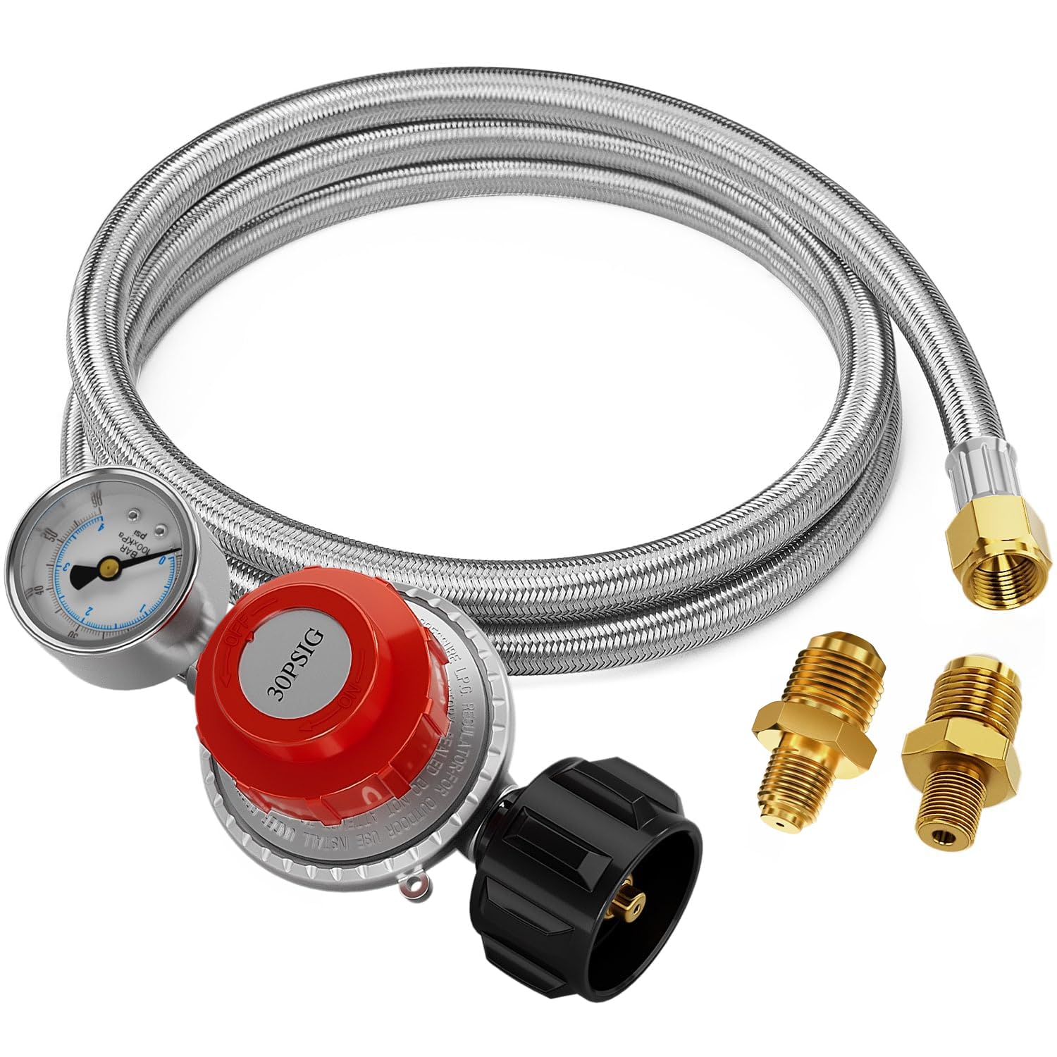 CALPOSE Manguera reguladora de propano de alta presión de 5 pies con calibre, regulador de tanque de propano ajustable de 0 ~ 30 PSI, acero inoxidable, apto para freidora de pavo, freidora de pescado,