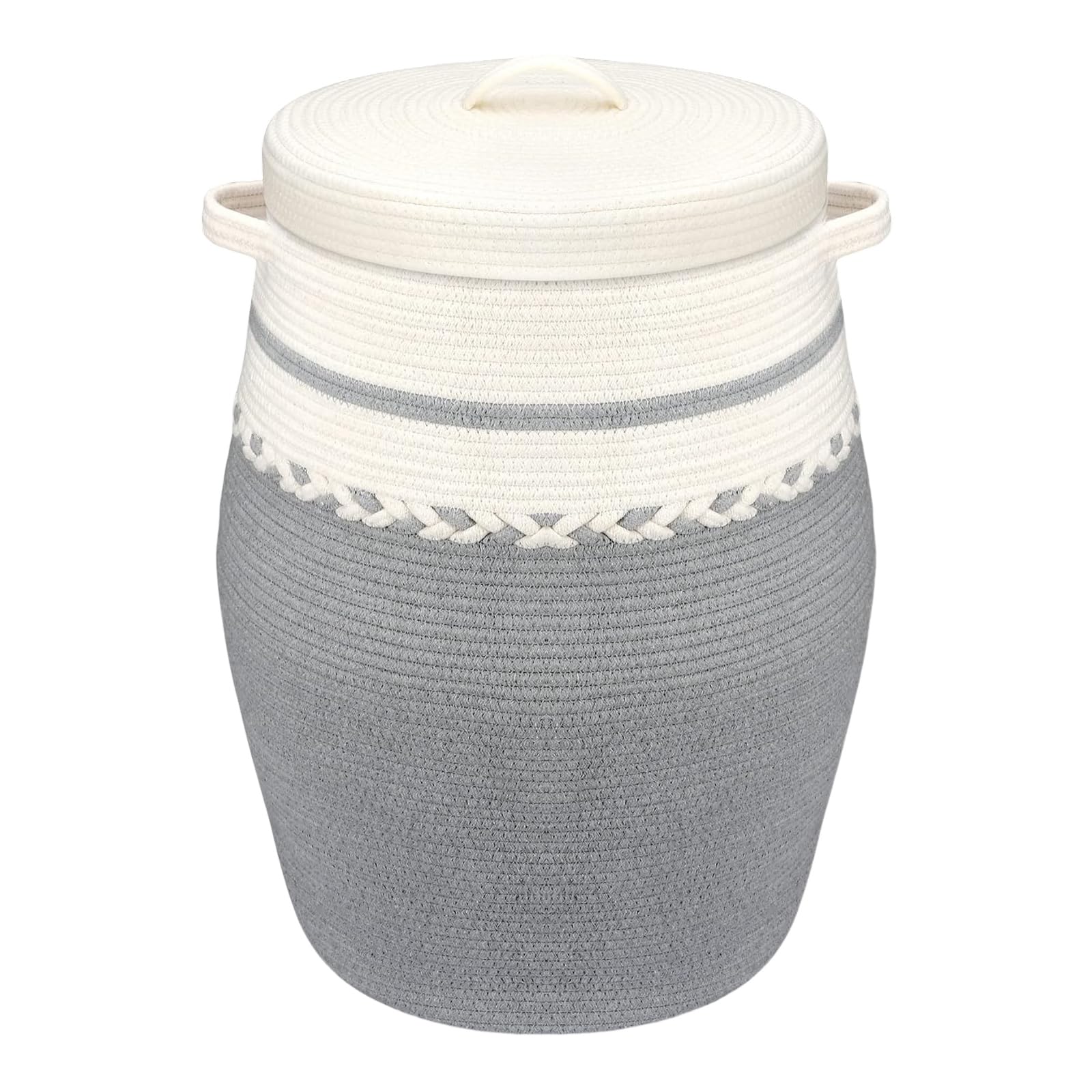 ORGMASTER Collapsible Laundry Baskets, Laundry Hamper with Lid, Woven Cotton Rope Blanket Basket Foldable Storage Organizer Bin for Comforter, Cushions, Clothes, Pillows, 19.3x25.6 Inch, White/Gray