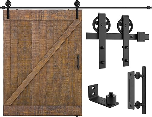 SMARTSTANDARD - Juego de herrajes de alta resistencia para puerta corrediza estilo granero, color negro,1 manija y 1 guía para el suelo, para