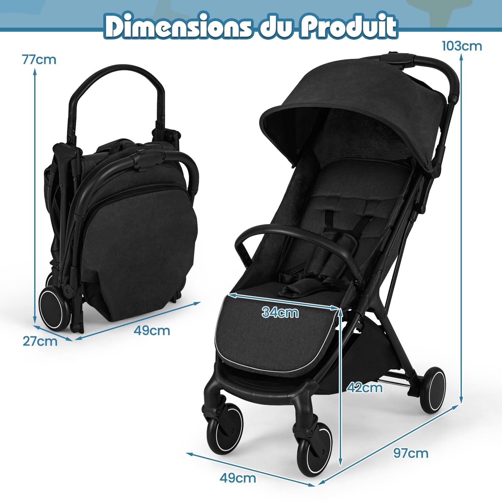 DREAMADE Poussette pour Bébé, Poussette Canne Ultra Compacte avec Harnais à 5 Points, Poussette Bébé Capote Grande avec Une Fenêtre, Pliage d'Une Main, Dossier Réglable, pour Enfant 0-3 Ans(Noir)