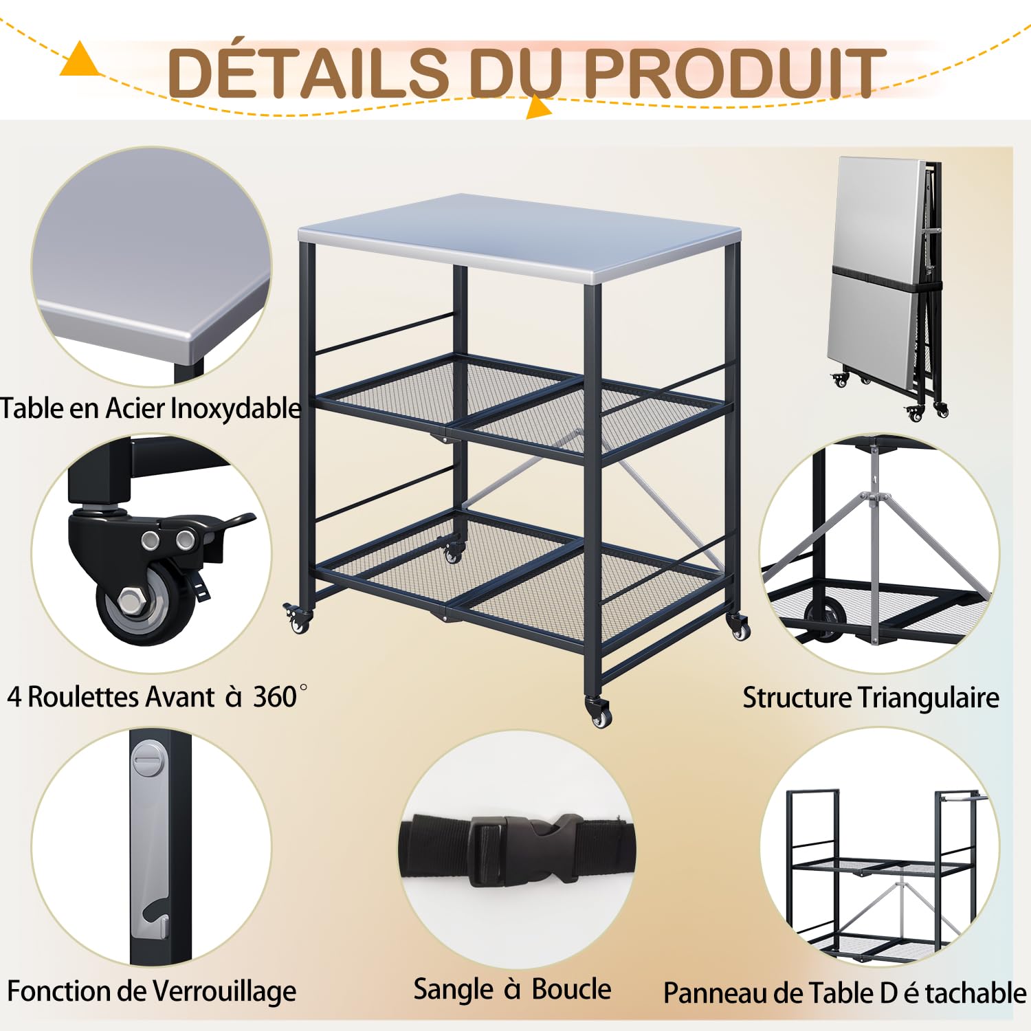 YODOLLA Desserte Plancha Exterieur,Desserte Jardin, Chariot de Barbecue 3 Niveaux,Table Pliable en Acier Inoxydable sur roulettes, Chariot de Repas Jardin et Support de BBQ Mobile, Argent