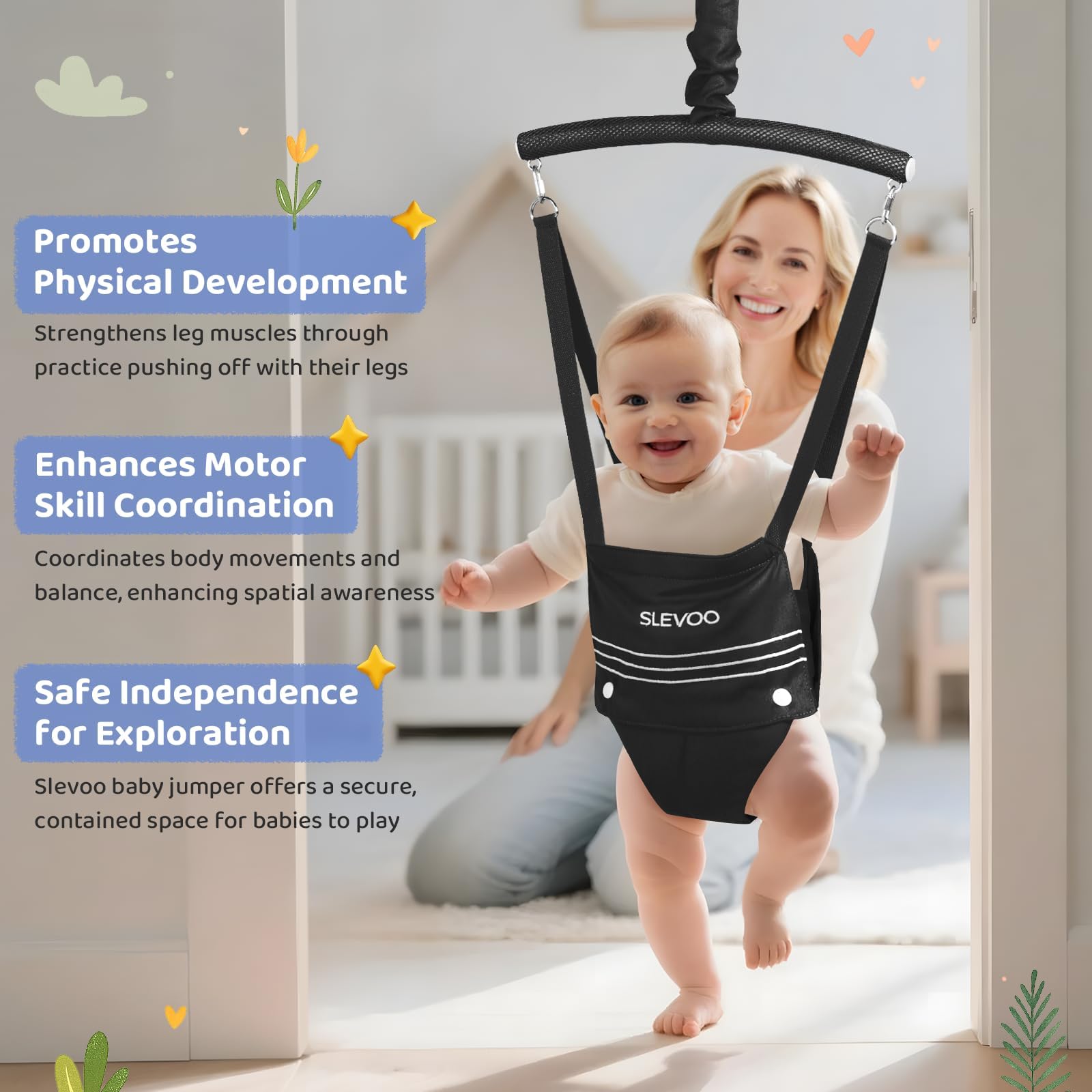 FUNLIO Baby Deur Jumper met standaard voor 6-24 maanden, babytrui voor binnen/buiten spelen, peutertrui voor babymeisje/jongen, met verstelbare ketting, eenvoudig te monteren en op te bergen