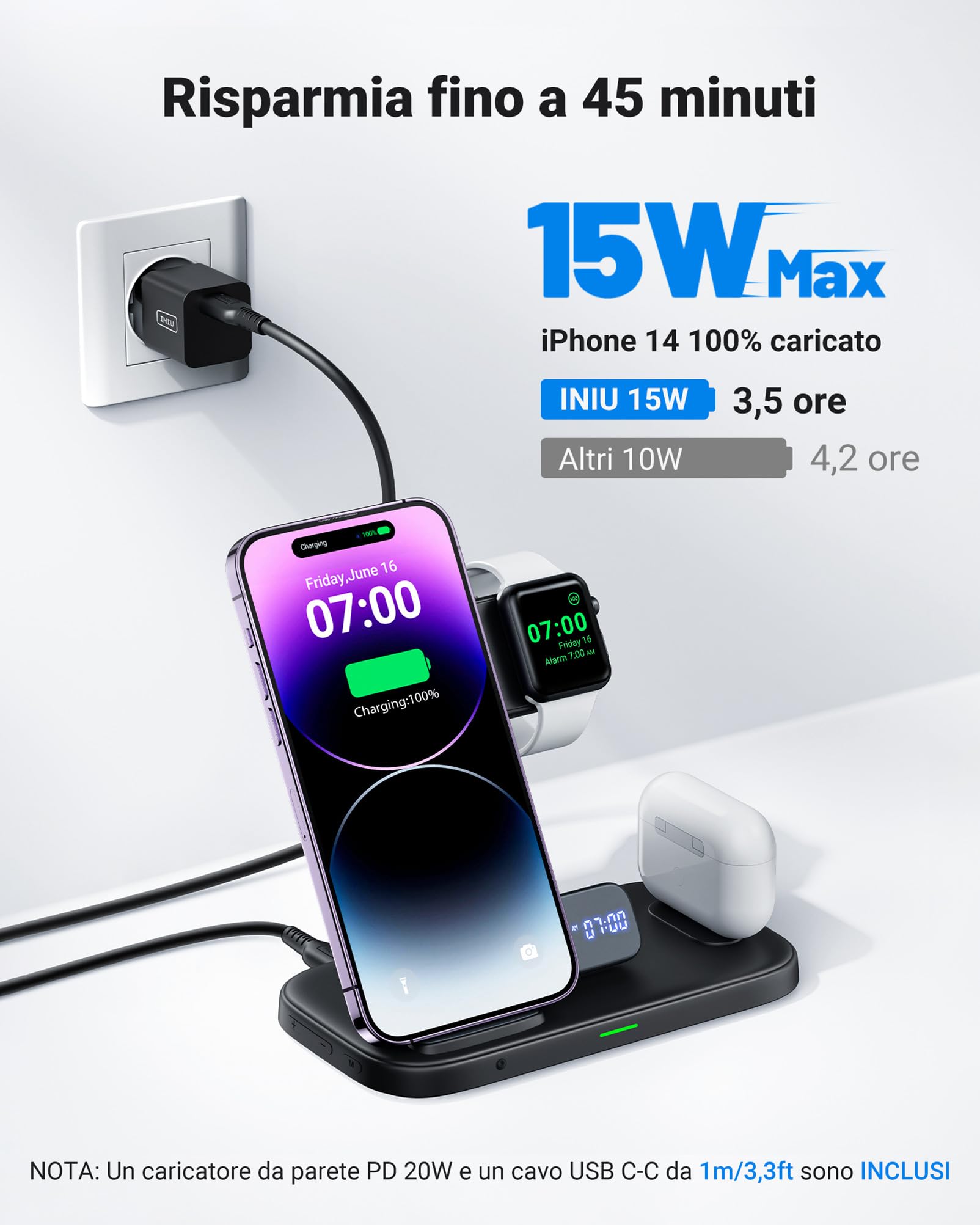 INIU Stazione di Ricarica Apple, 15W Qi Caricatore Wireless 3 in 1 per iPhone, Apple Watch e AirPods, Dock Station Apple con Cavo e Adattatore Inclusi