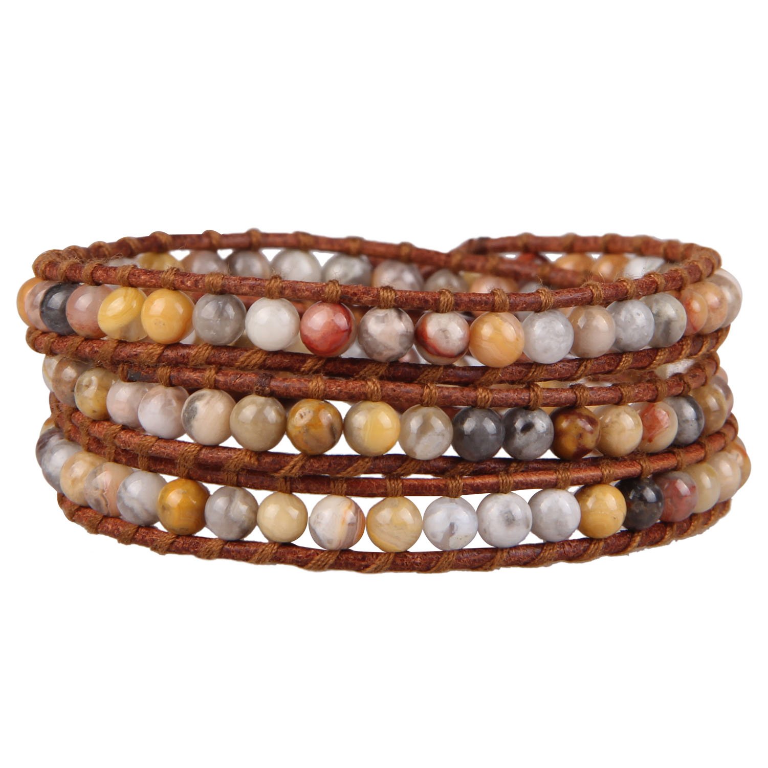 KELITCH Crazy Agate Beads Strand Bracelet Handmade Leather 3 Wrap Bracelet Bangles