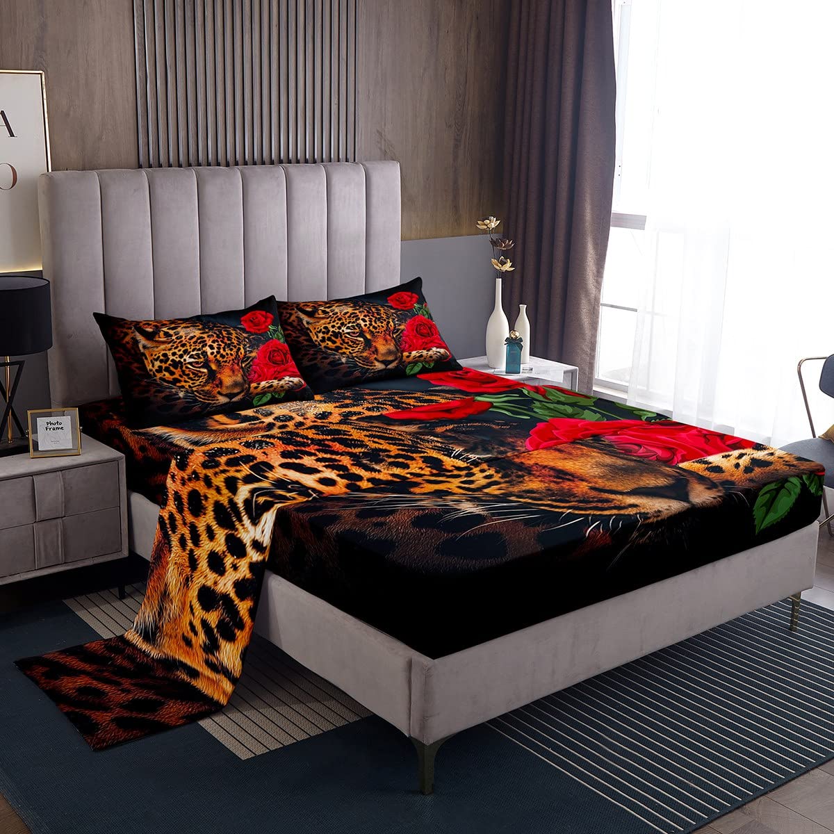 Loussiesd Leopard Sheet Set Red Rose Blooming Floral Bed Sheets for Kids Boys Girl Safari Cheetah Print Bed Set Wild Animal Branches Sheets 4Pcs Double Size