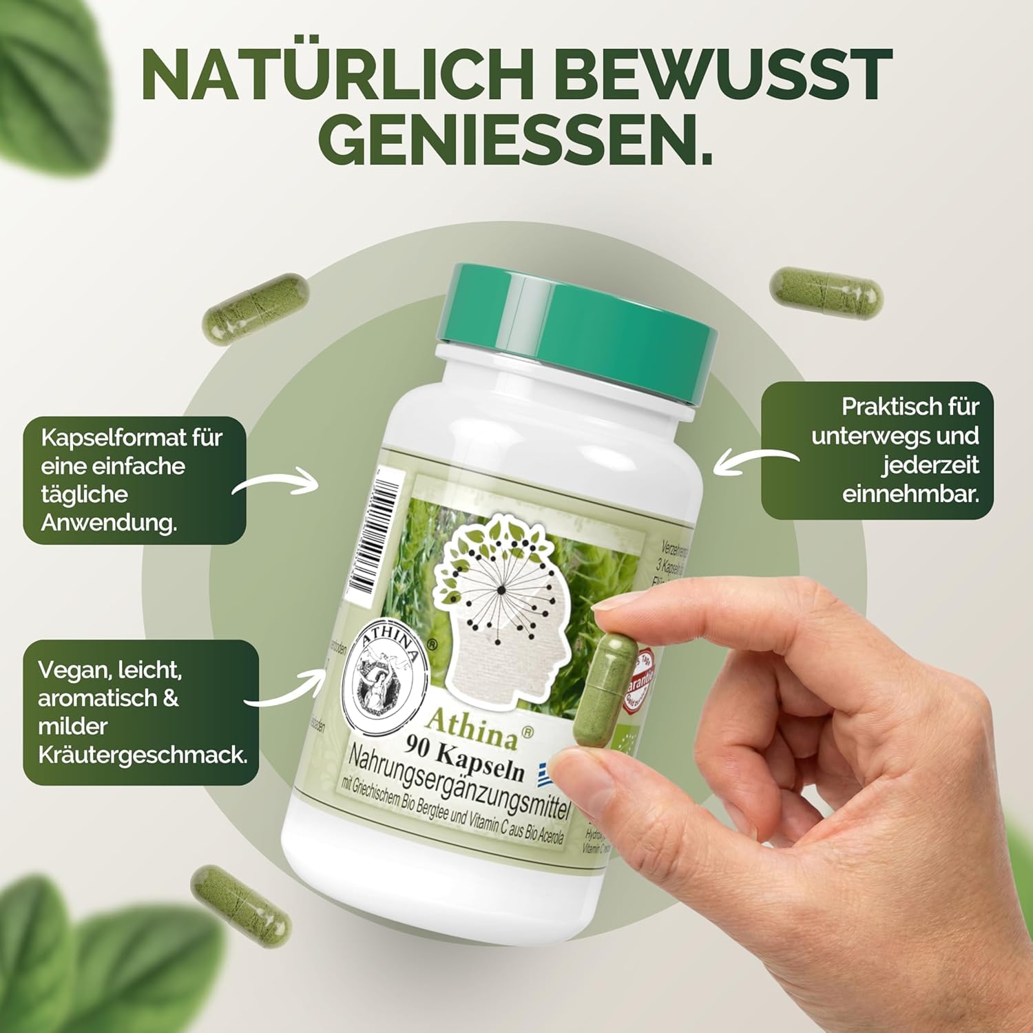 Athina® Griechische Eisenkraut Bergtee Kapseln Bio DE-ÖKO-006 90 Stück Sideritis Scardica Vegan Premium Qualität (90 stück, (180 stück, (2er Pack))