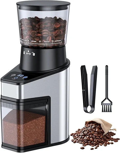 QJA Burr Coffee Grinder Electric, Coffee Bean Grinder with 60 Adjustable Grind Settings for Home Use, Espresso Grinder with 60s Precision Timer & 1-8 Cup, Anti-static, Stainless Steel, Black(updated)