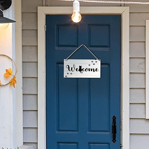 Miniatura 4 de Divertido letrero de madera impreso de bienvenida con gato negro para colgar en la pared, letreros de pared colgantes rústicos para decoración del