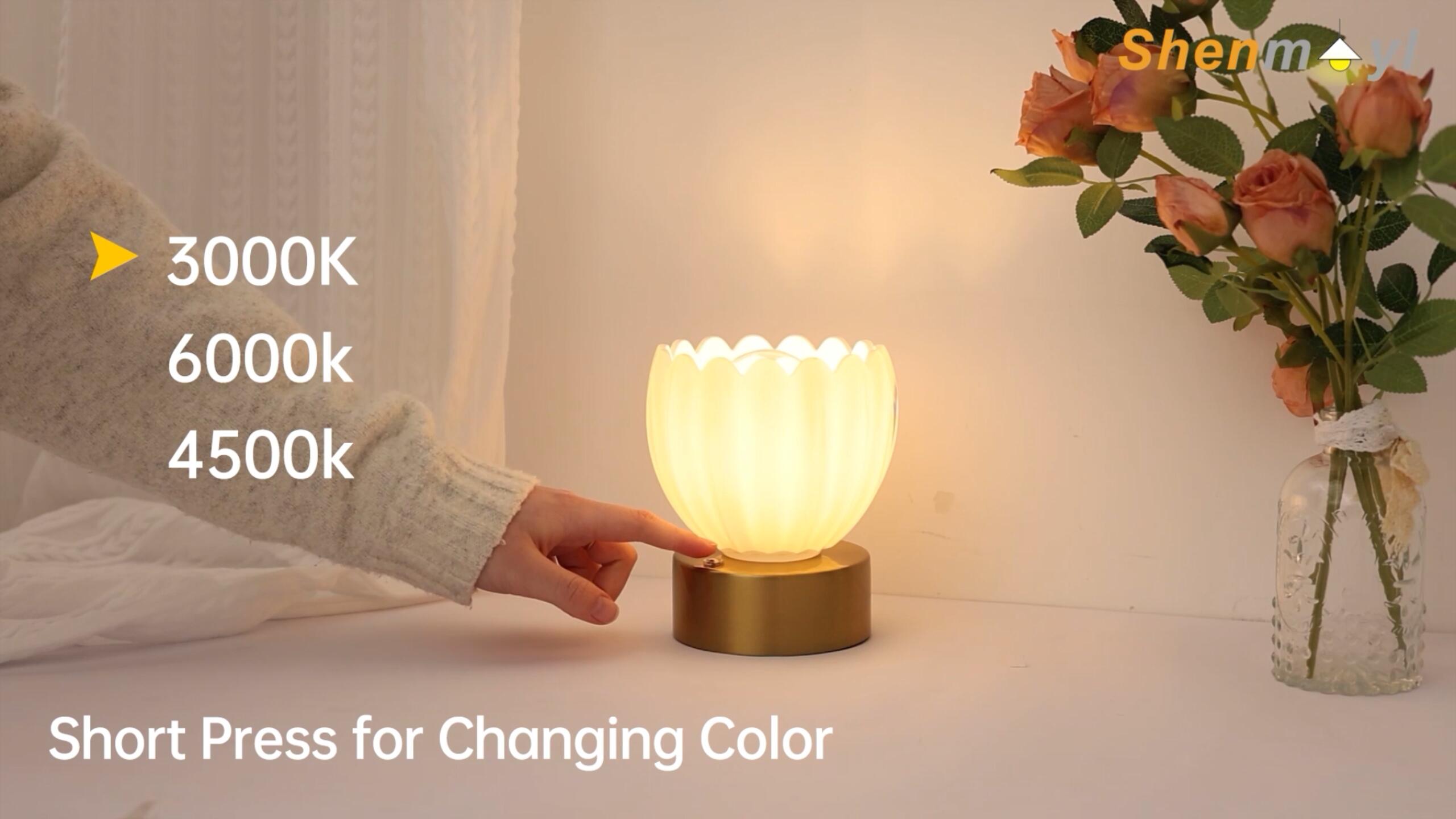 Image of Shenmoyl Cordless Small Table Lamp with 5200mAh Battery & Touch Control, Battery Operated Tulip Table Lamp with 3 Colors, Rechargeable Mini Table Lamps for Bedsides, Bedroom, Nightstand (White)