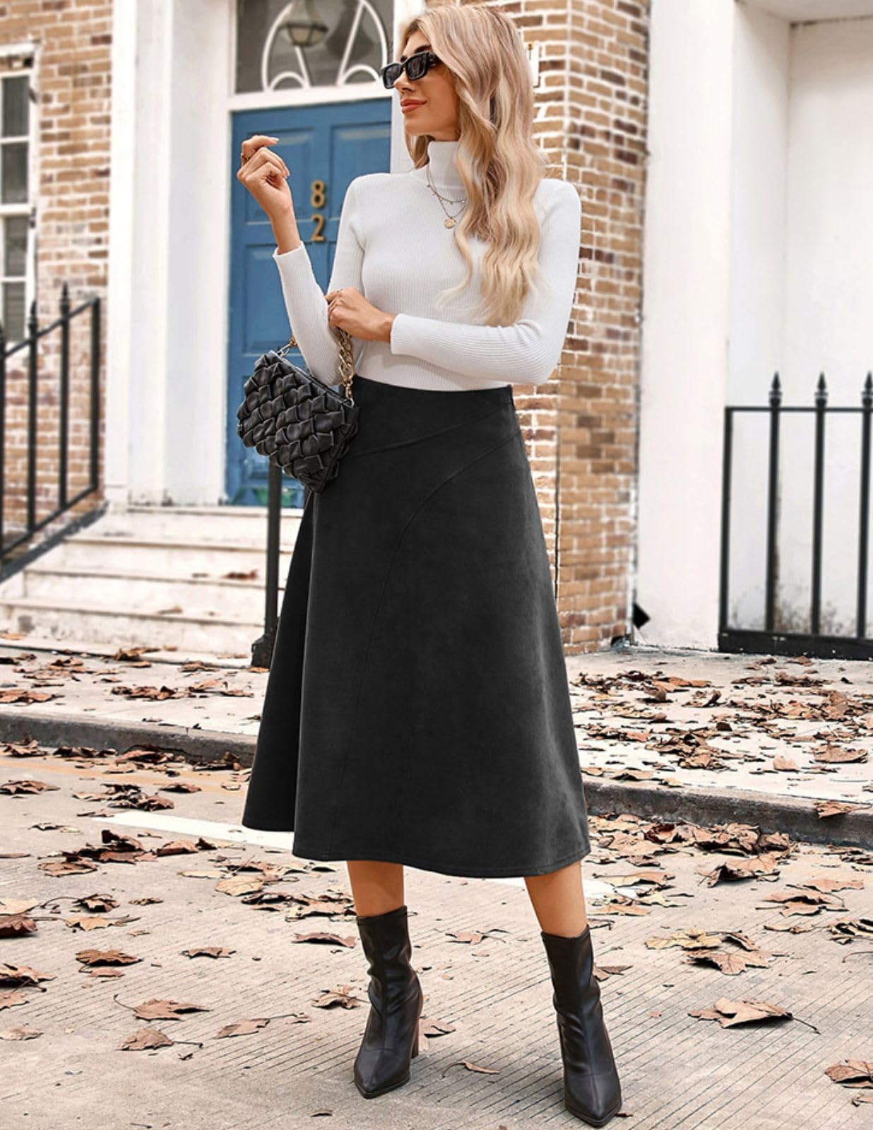 Kate Kasin 2025 Gonne in pelle scamosciata da donna, gonna a trapezio a vita alta, gonna midi autunno inverno | Elastico in vita, cerniera nascosta sul retro, comodo abbigliamento in finta pelle scamosciata