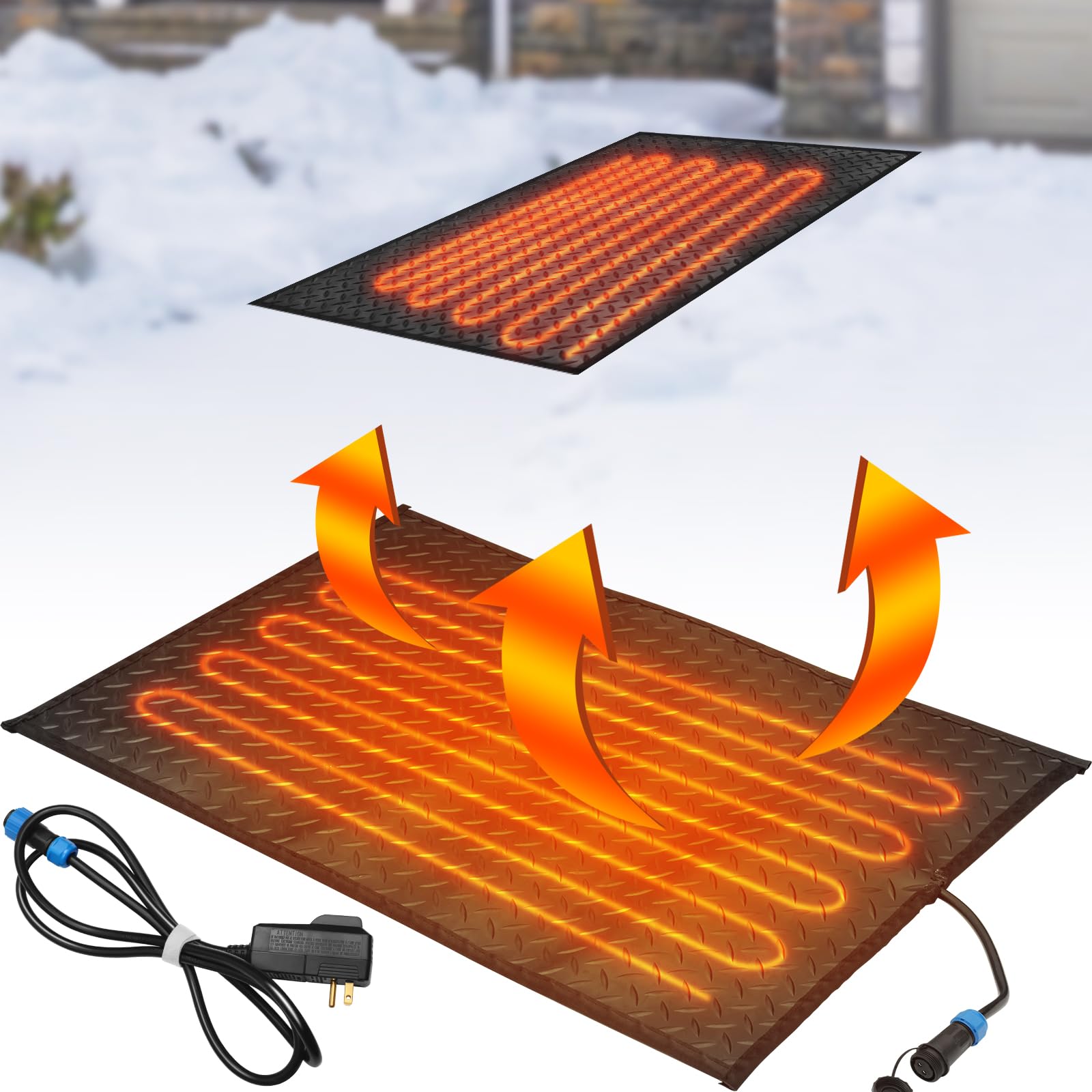 20'' x 30'' Snow Melting Mats Walkways Heated Outdoor Mats Heated Snow Mats Sidewalk No Slip Heating Mat Melts up to 3 Inches/H and Ice with 9.84 ft Power Cord for Winter Snow Removal, Black
