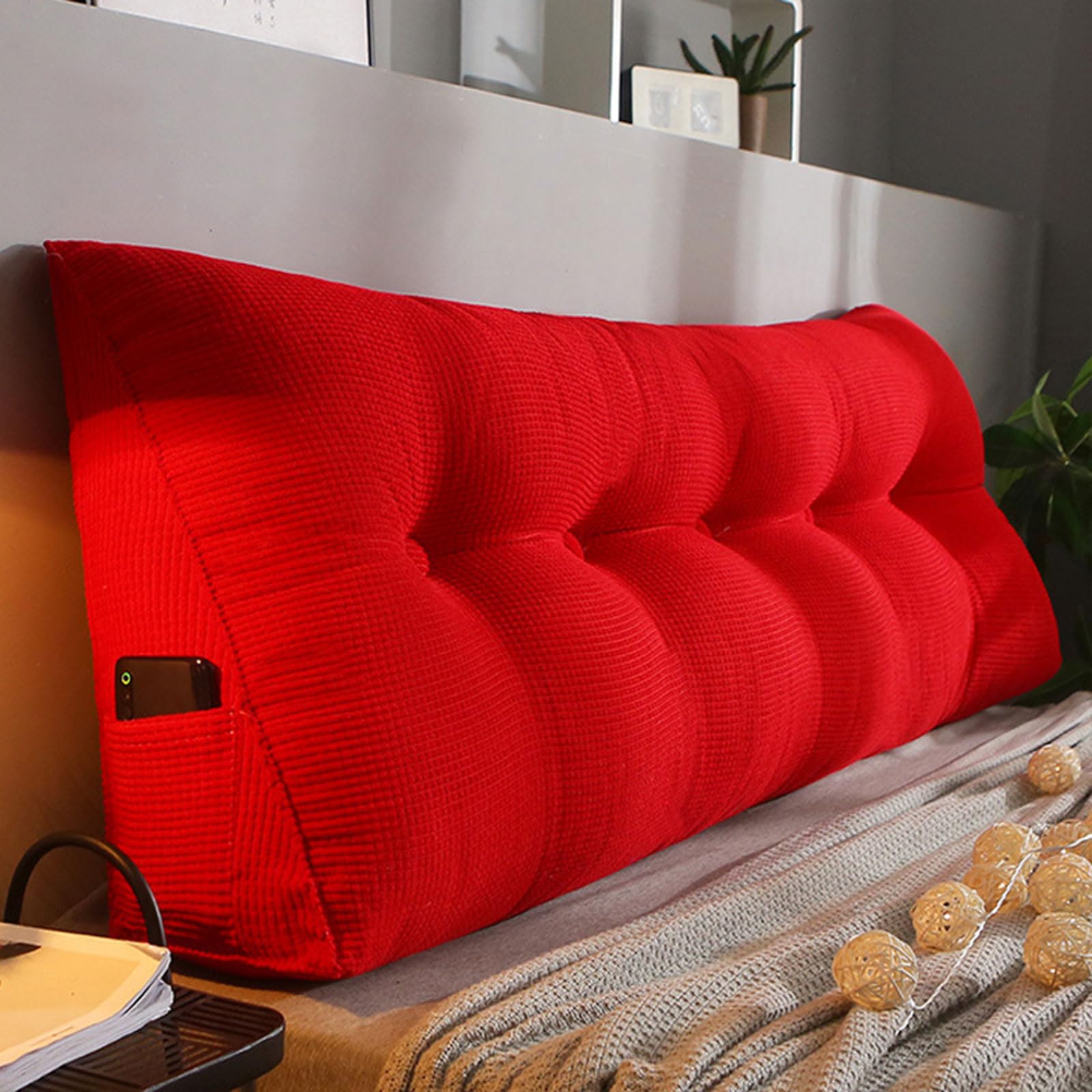 Triangular Headboard Pillows Upholstered Wedge Reading Cushion, Soft Corduroy Large King Size Double Single Bed Back Reading Pillow, Removable Headboard Backrest Support Pillow(180x50x20cm,Red)