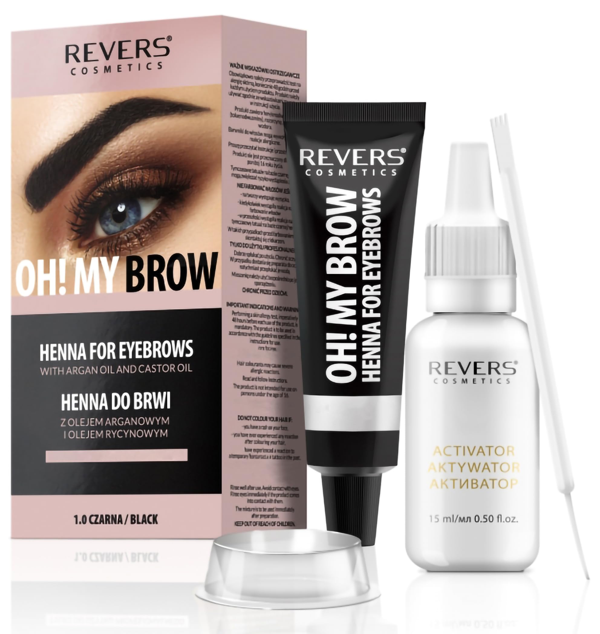 REVERS COSMETICS Eyebrow Dye Kit Black Ammonia Free, Brow Tint with Argan Oil and Castor Oil, Salon Quality, Natural Result, Lasts Up to 4 Weeks, Up to 15 Applications