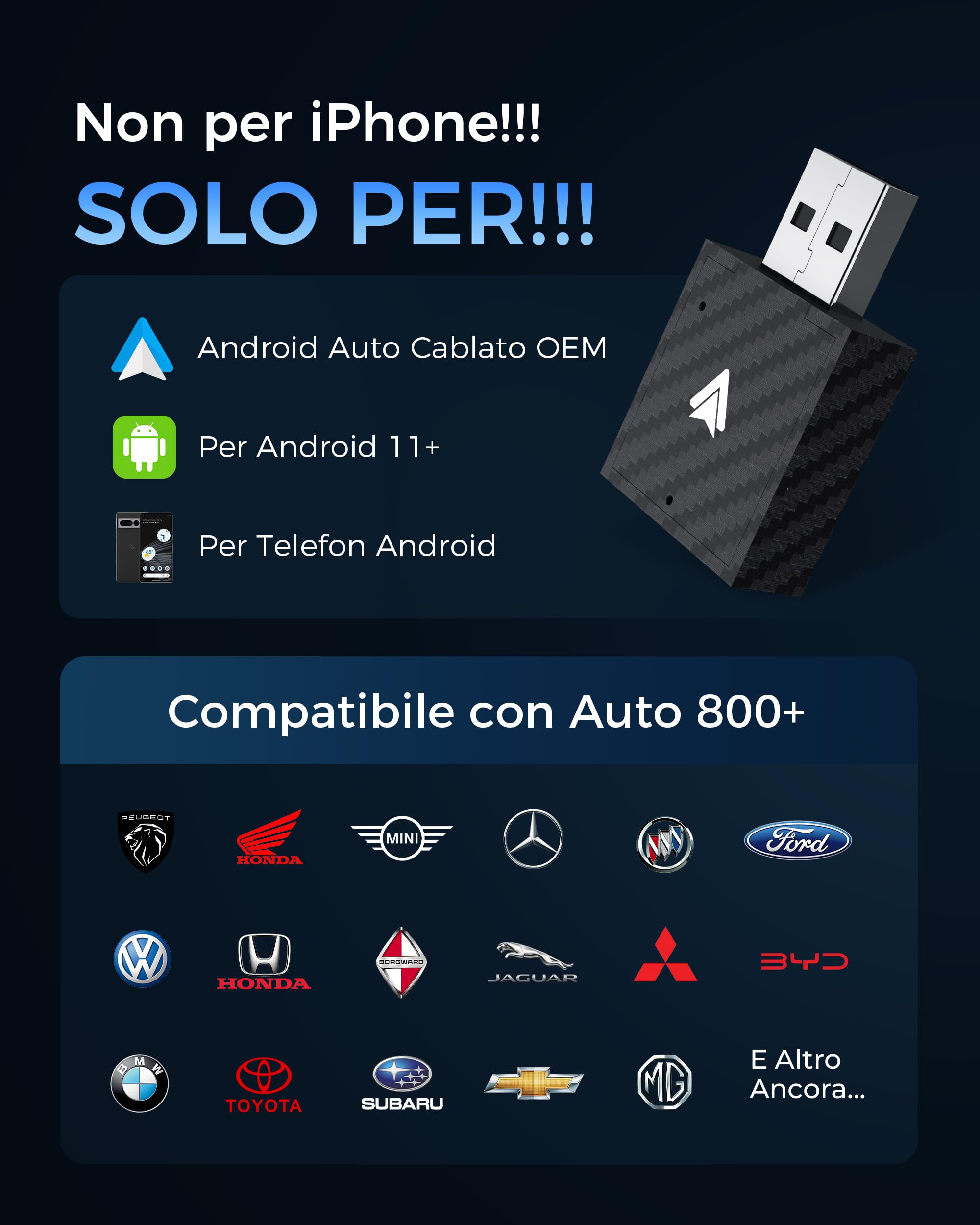 WityEye Adattatore Android Auto Wireless, Bluetooth V5.3 Connessione Stabile, WiFi 5.8GHz ad Alta velocità, USB C/A, Converte da Cablato a Wireless per Smartphone Android 11+