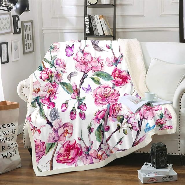 Loussiesd Floral Fleece Throw Blanket Botanical Branches Sherpa Blanket for Women Adults 3D Butterflies Printed Plush Blanket Leaves Flowers Nature Fuzzy Blanket for Sofa Bed Couch Baby 30x40 Inch