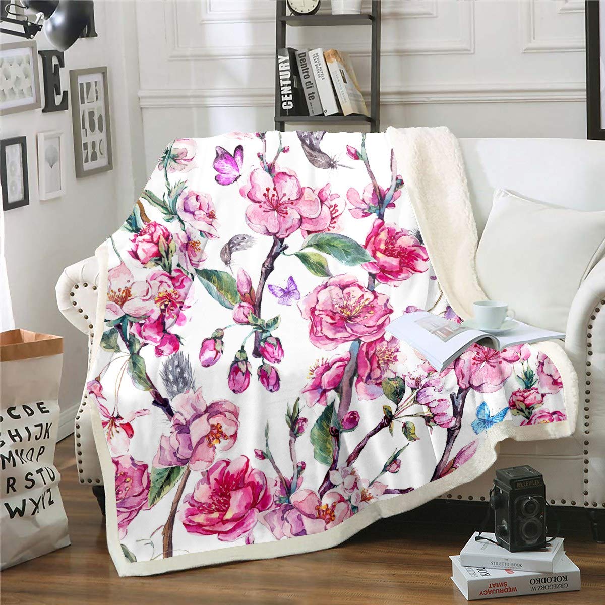 Loussiesd Women's Multicolored 13222 Floral Fleece Throw Blanket - Botanical Branches Sherpa For Adults, 3D Butterflies Printed Plush, Leaves Flowers Nature Fuzzy For Sofa Bed Couch, Double 60X79 Inch