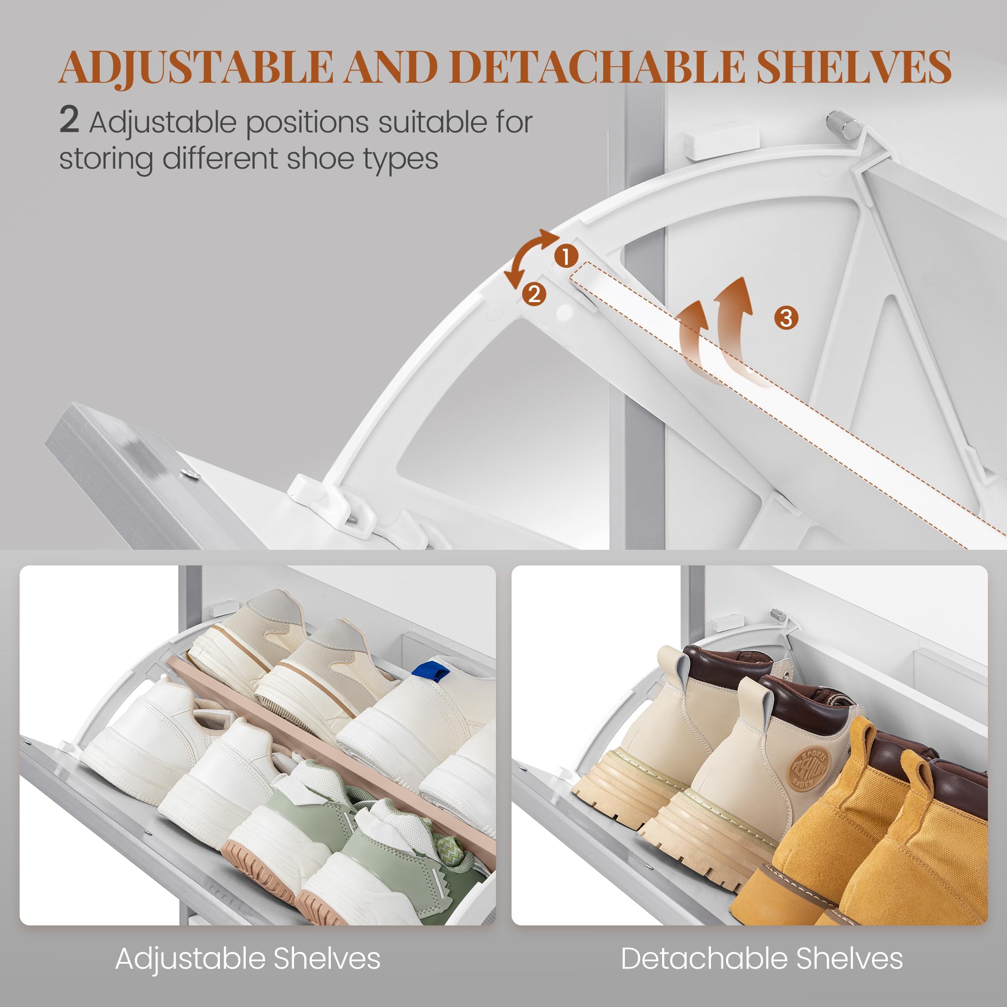 HEXCELEN Armario Zapatero Estrecho con 3 Puertas Abatibles, Zapatero con Cajón, Divisor Ajustable y Desmontable, para 18-24 Pares, para Pasillo, Entrada, 80 x 24 x 137,5 cm, Blanco-Plata
