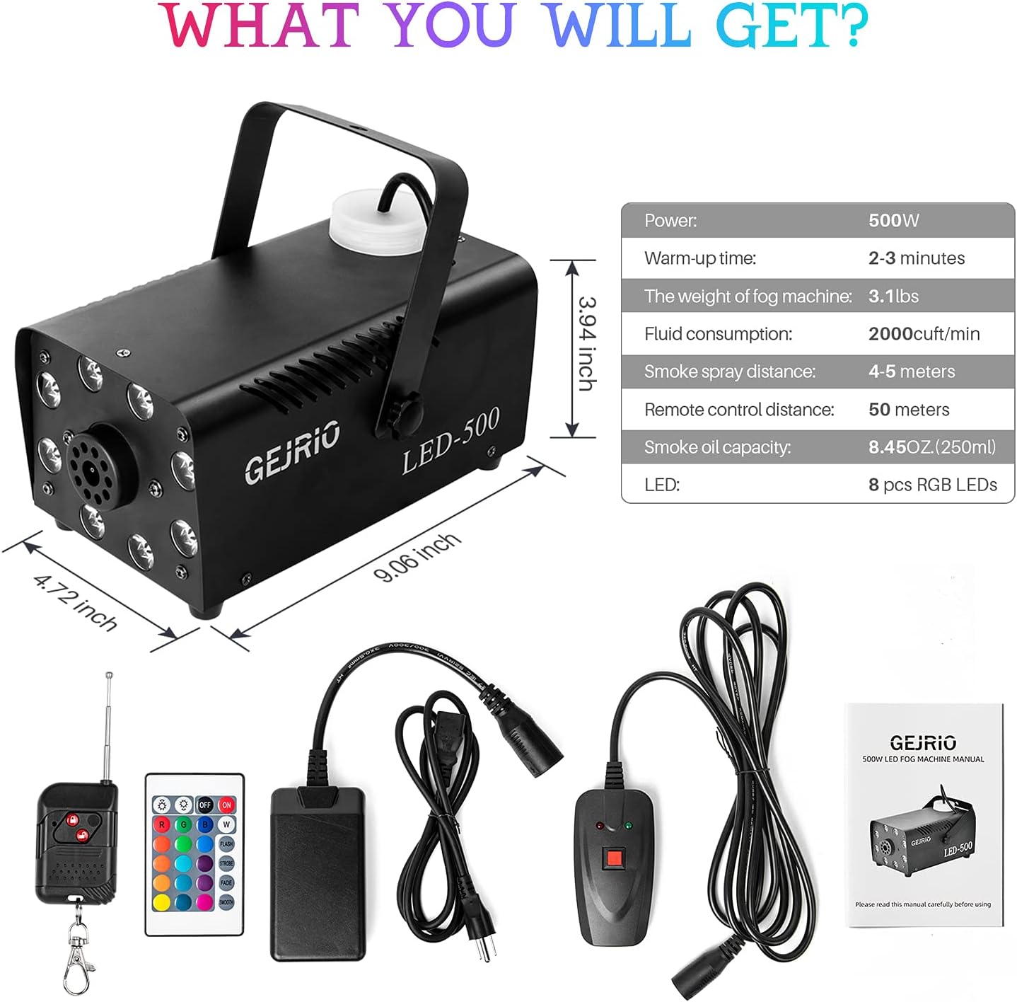 GEJRIO Fog Machine, 500W Smoke Machine with 16 Color Controllable Lights Effect, Wireless and Wired Remote Control with Preheating Light Indicator for Weddings, Halloween, Parties & Stage-Black : Musical Instruments