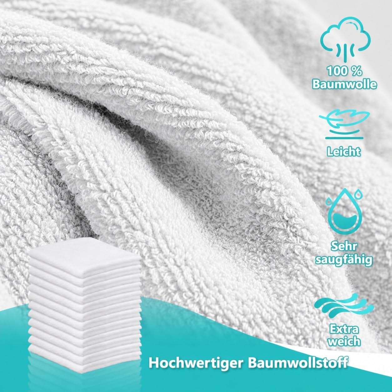 Lot de 50 gants de toilette en coton - 30 x 30 cm - Blanc - Petits et absorbants - Pour salle de bain, hôtel, salle de sport, spa et soins du visage