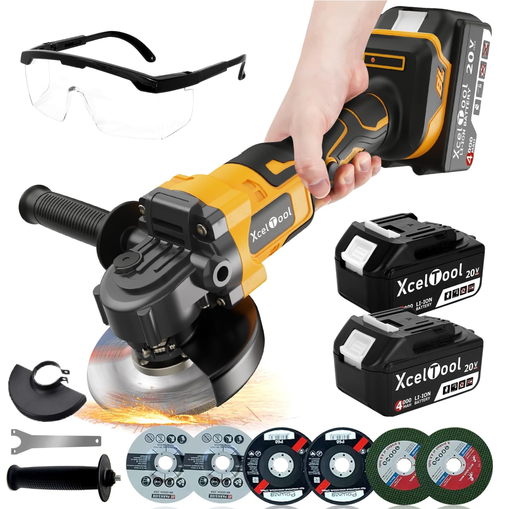 Funnyway Cordless Angle Grinder with 2*4.0Ah Batteries, 20V 8500RPM Brushless Metal Grinder , 125mm Battery Grinder with 2-Position Adjustable Handle, grinder tool for Grinding, Cutting and Polishing