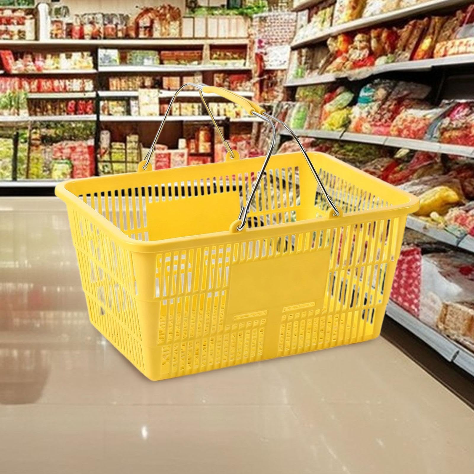 Panier de Courses avec Poignée Métal, Panier Supermarché en Plastique Renforcé, Grande Capacité, pour Commerce, Épicerie et Rangement Maison, Rectangulaire, 42x30 cm, Jaune