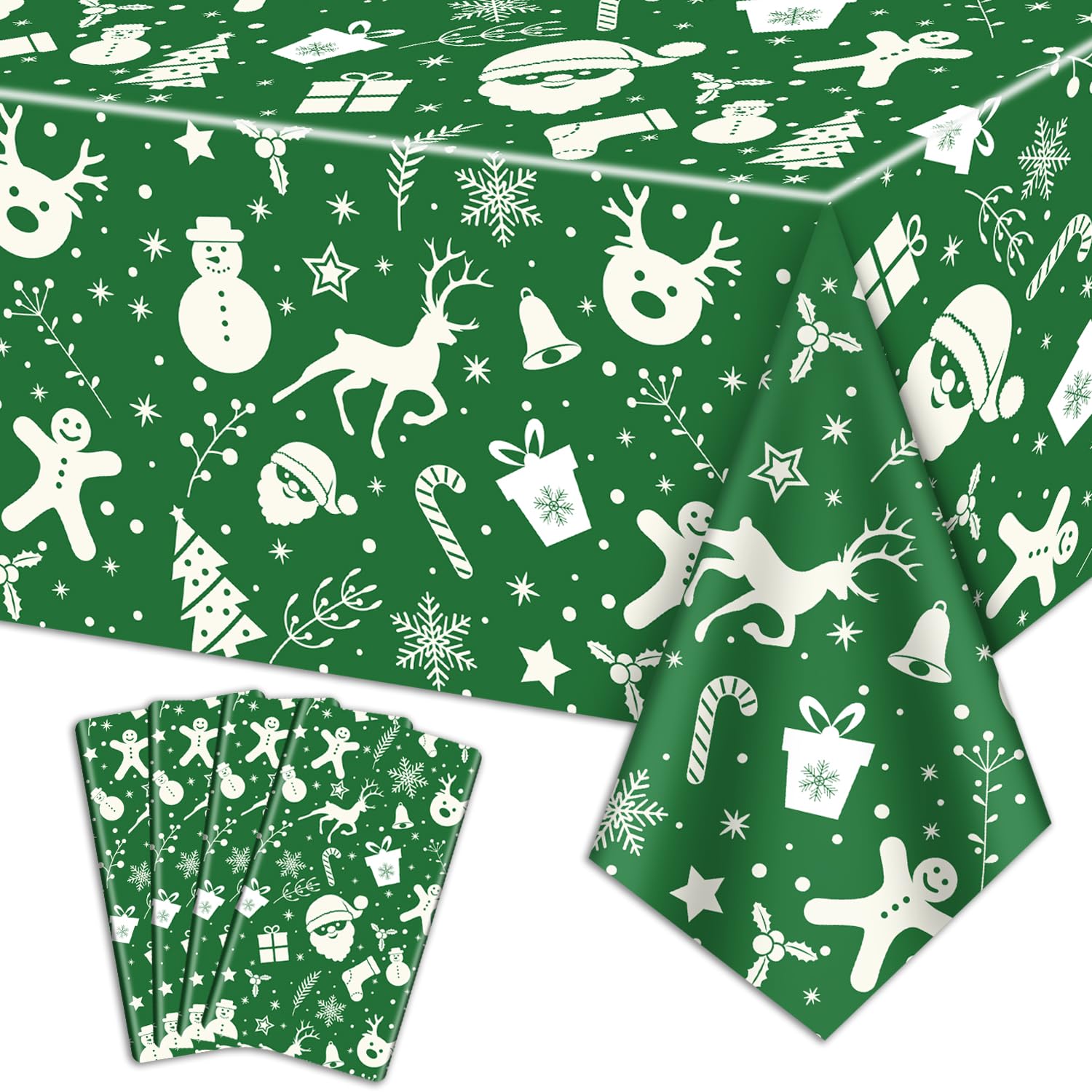 Manteles de Navidad para Mesa Rectangular, 220x130cm Papá Noel Muñeco de Nieve Reno Copo de Nieve Mantel de Mesa de Navidad para Fiestas de Navidad Eventos de Invierno Decoraciones, Verde Paquete de 4