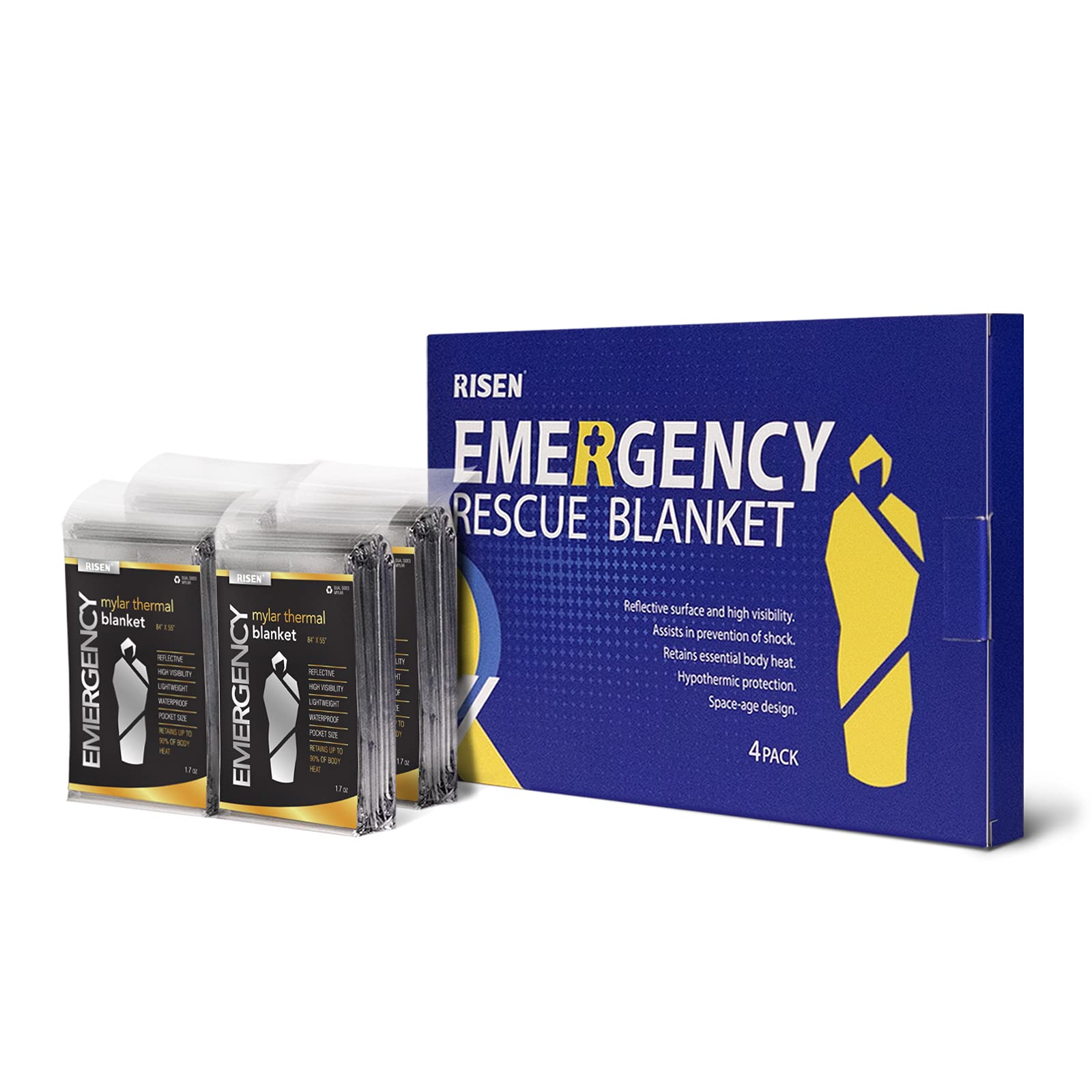 Risen Emergency Foil Mylar Thermal Blankets (4pack)- Retains 90% of Body Heat, High Reflective Space Safety Blanket - Ideal Supply for Survival, Outdoors, Camping,First Aid (4 Silver)
