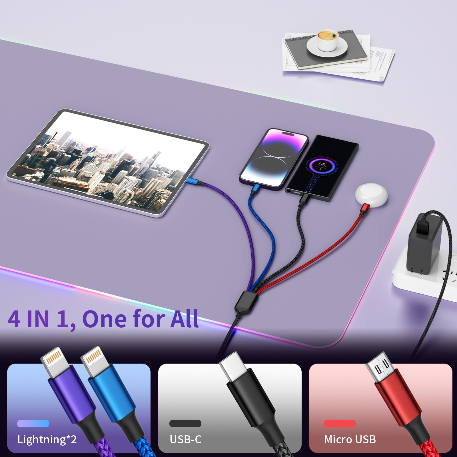 Doppio cavo di ricarica IP 4 in 1 multi [1 confezione da 1,5 m), cavo di ricarica 4 in 1 in nylon, caricabatterie multi per tutti i dispositivi con porta IP/tipo C/tipo C/micro, compatibile con la