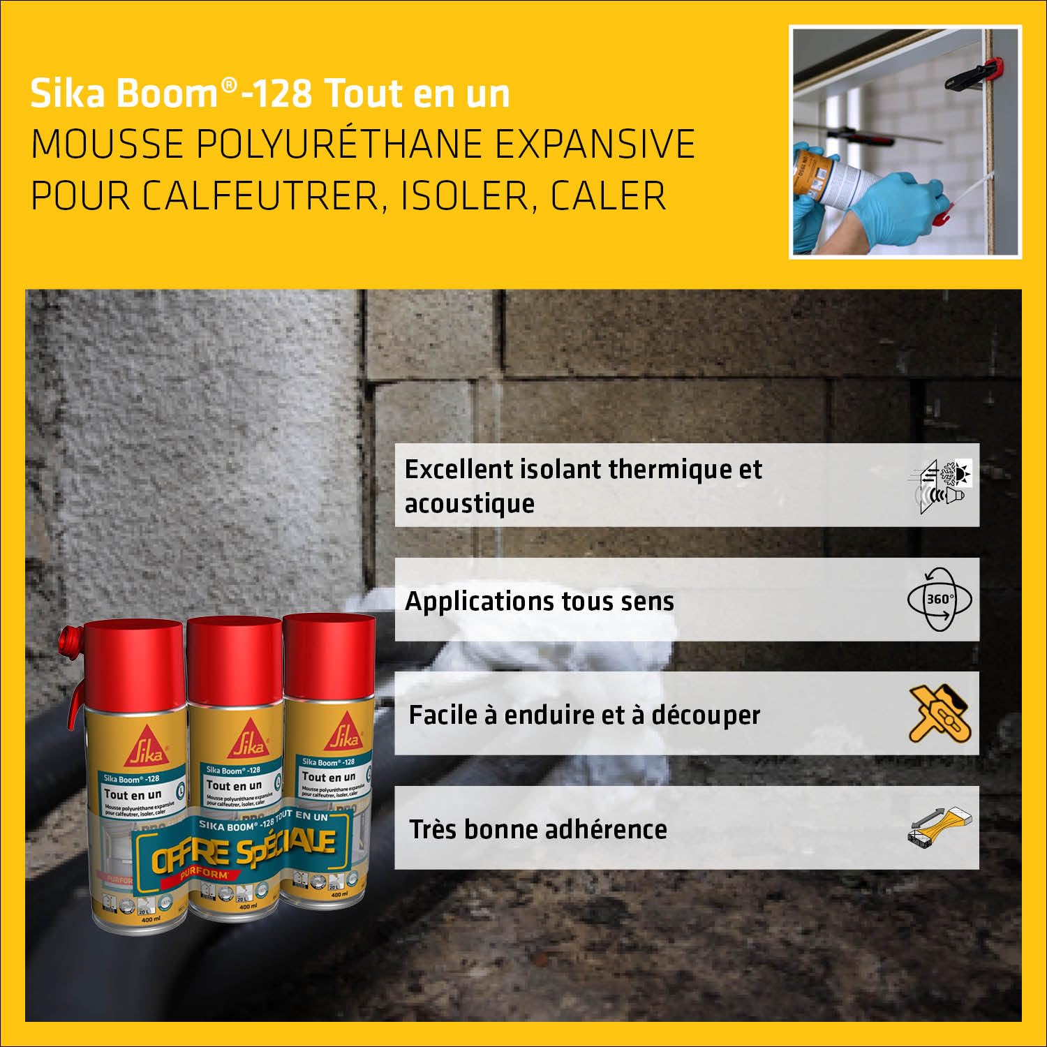 SIKA - Lot de 3x400ml, Mousse PU Moyen Format, Sika Boom 128, expansion 20L, Usage tous sens, Blanc + 1x Mastic Silicone Neutre, SikaSeal 110 Menuiserie et Vitrage, Multi-supports, 300ml, Blanc PVC