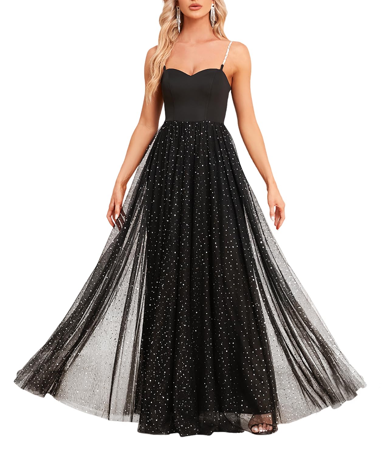 Women's Sparkly Prom Gowns Glitter Sequin Tulle A Line Long Formal Evening Gown Dresses High Waist Maxi Party Dress