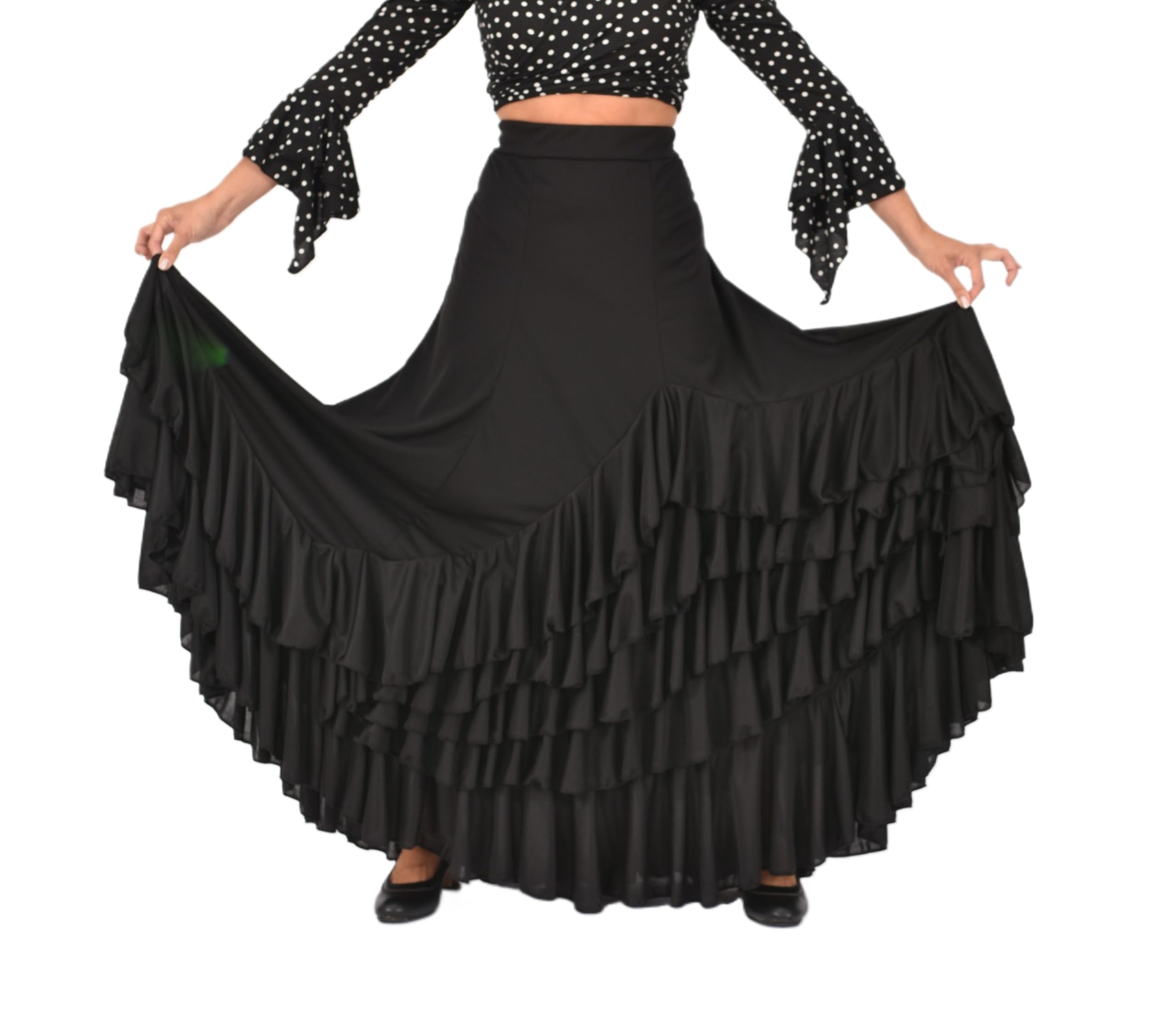 Falda Flamenca con 5 Volantes para Baile Profesional y Ensayo, Gran Vuelo y Tejido Elástico