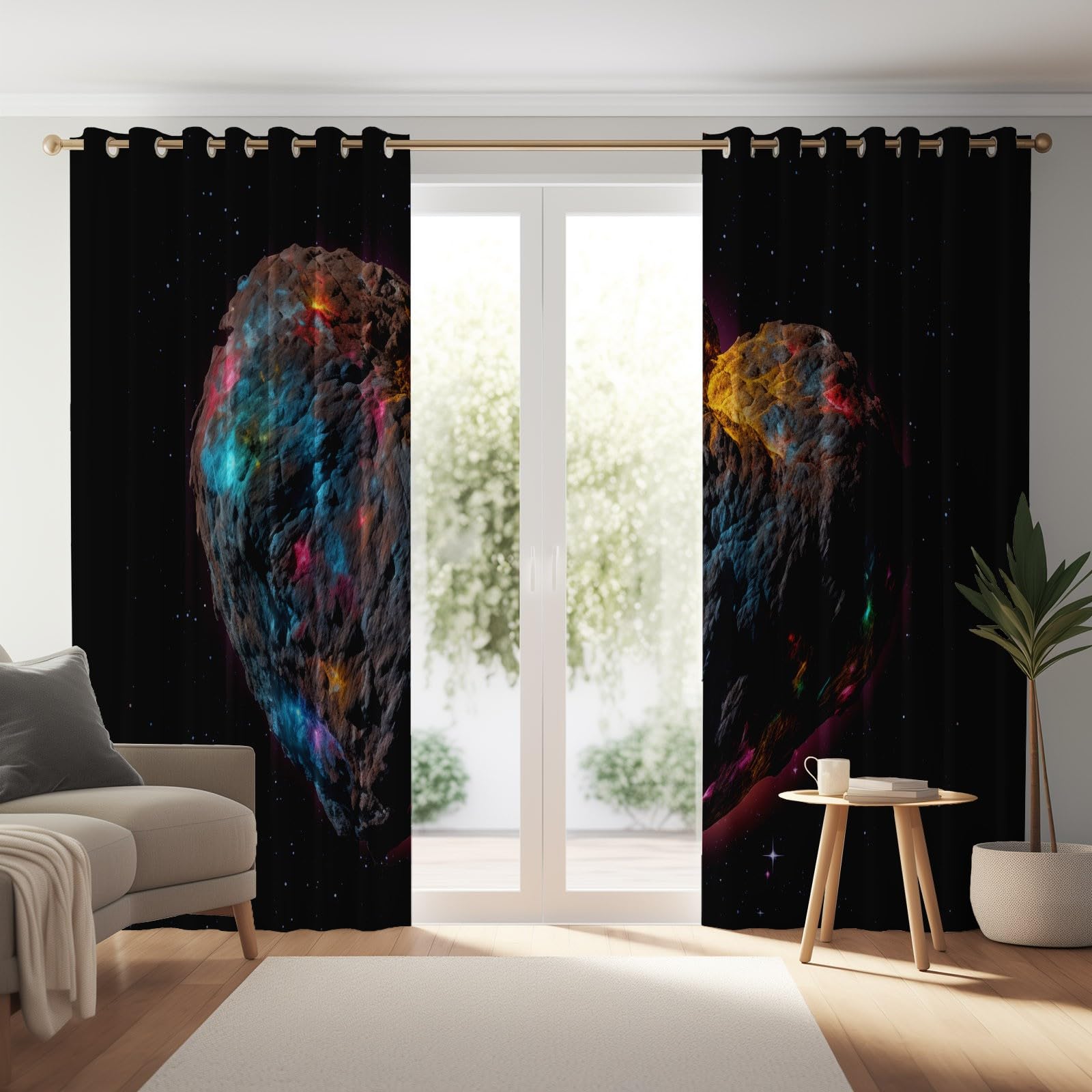 100% zasłony zaciemniające, fantazyjne meteoryty, gwiaździste niebo, 140 x 102 cm (2 panele) nadruk termiczny z przelotkami, oszczędność energii, zasłony zaciemniające do sypialni i salonu kolor