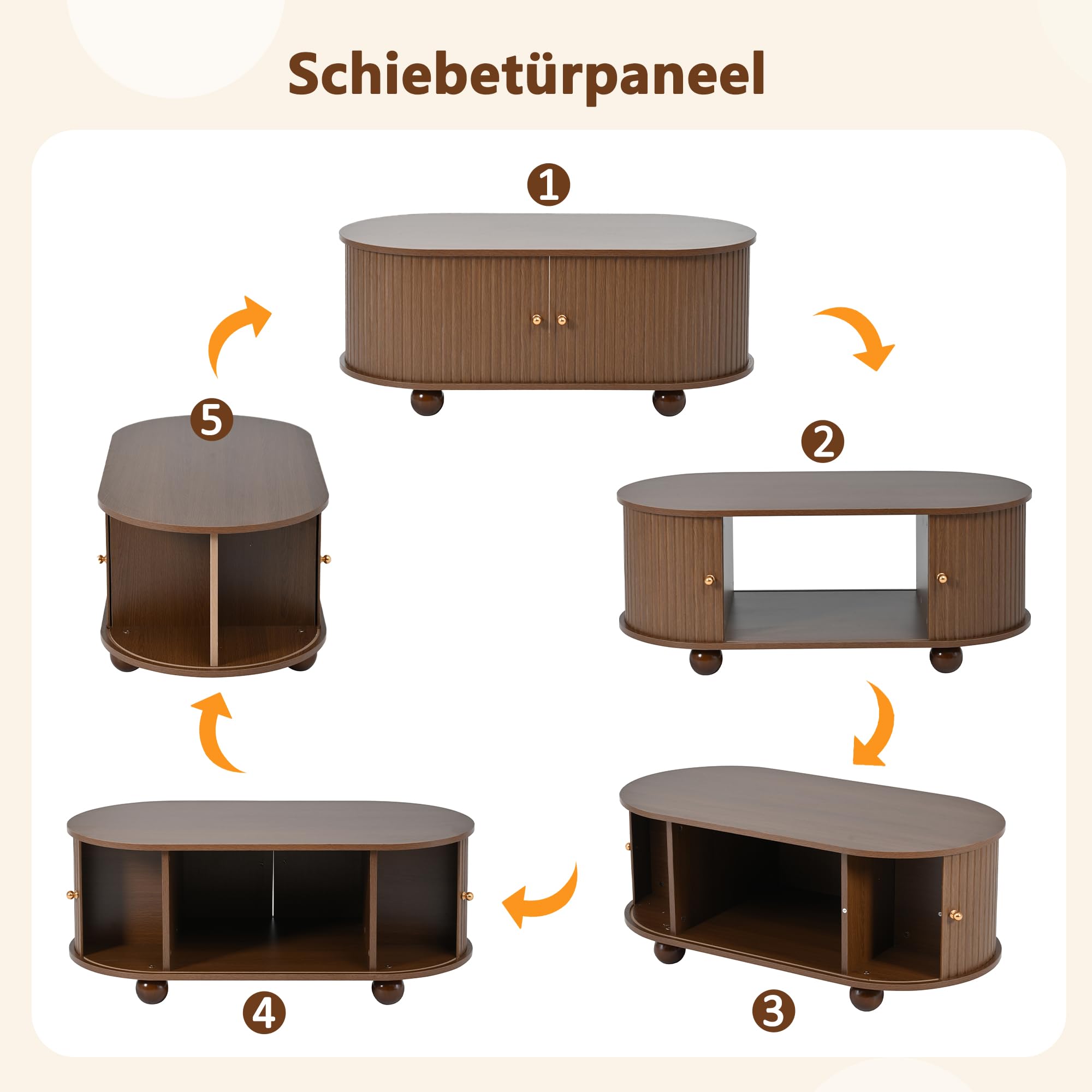 Merax Couchtisch Ovaler, Modern Kaffeetisch mit Schiebetüren, Wohnzimmertisch mit Viel Stauraum, Multifunktionaler Beistelltisch Sofatisch, Platzsparendes, Landhausstil, Wohnzimmermöbel, Walnussfarbe