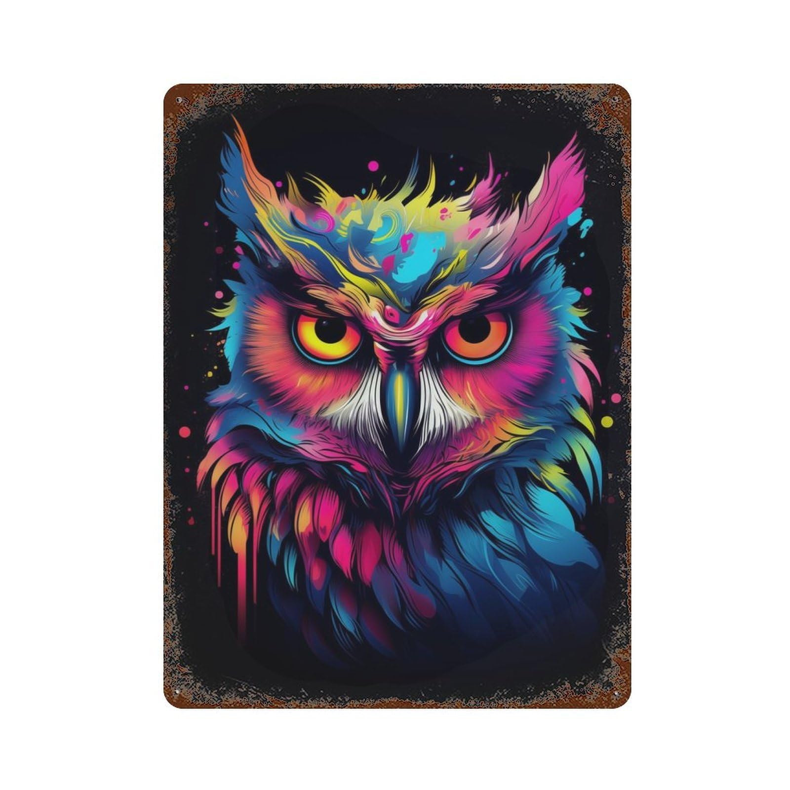Rusty Metal Tin Sign Neon Owl 15.7"x11.8", Industrial Home Decor for Patio, Garden Room And Bar Decor