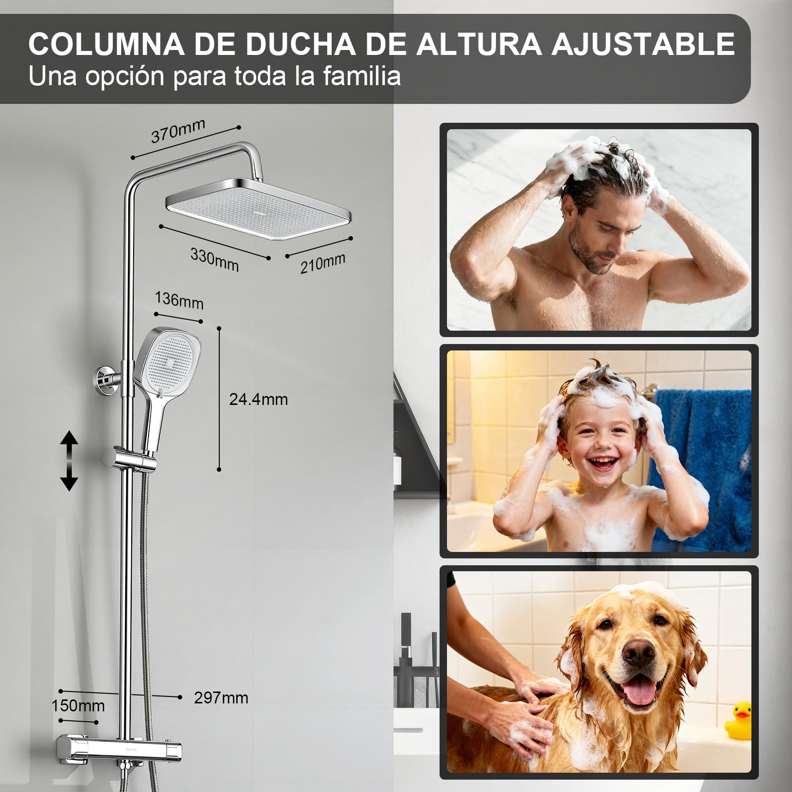 Sistema de ducha con termostato acero inoxidable ducha de lluvia cuadrada 3 tipos de chorro juego completo de ducha altura ajustable con protección antiquemaduras ahorro de agua