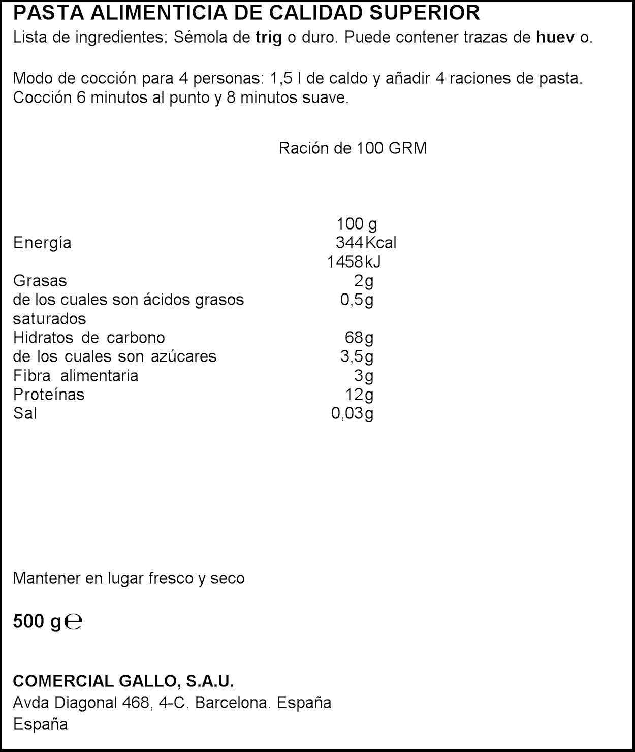 Pasta seca Gallo fideo 500gr., 1 unidad - , Pack de 6