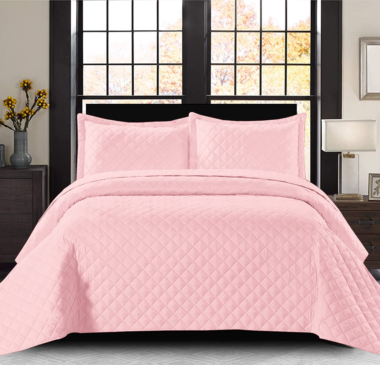 PRIME LINENS Single Bed Throws Quilted Bedspreads - Reversible Quilt Coverlet Embossed Pattern Bedspread with 2 Pillow Shams for Bedroom Decor Pink Bedding Set